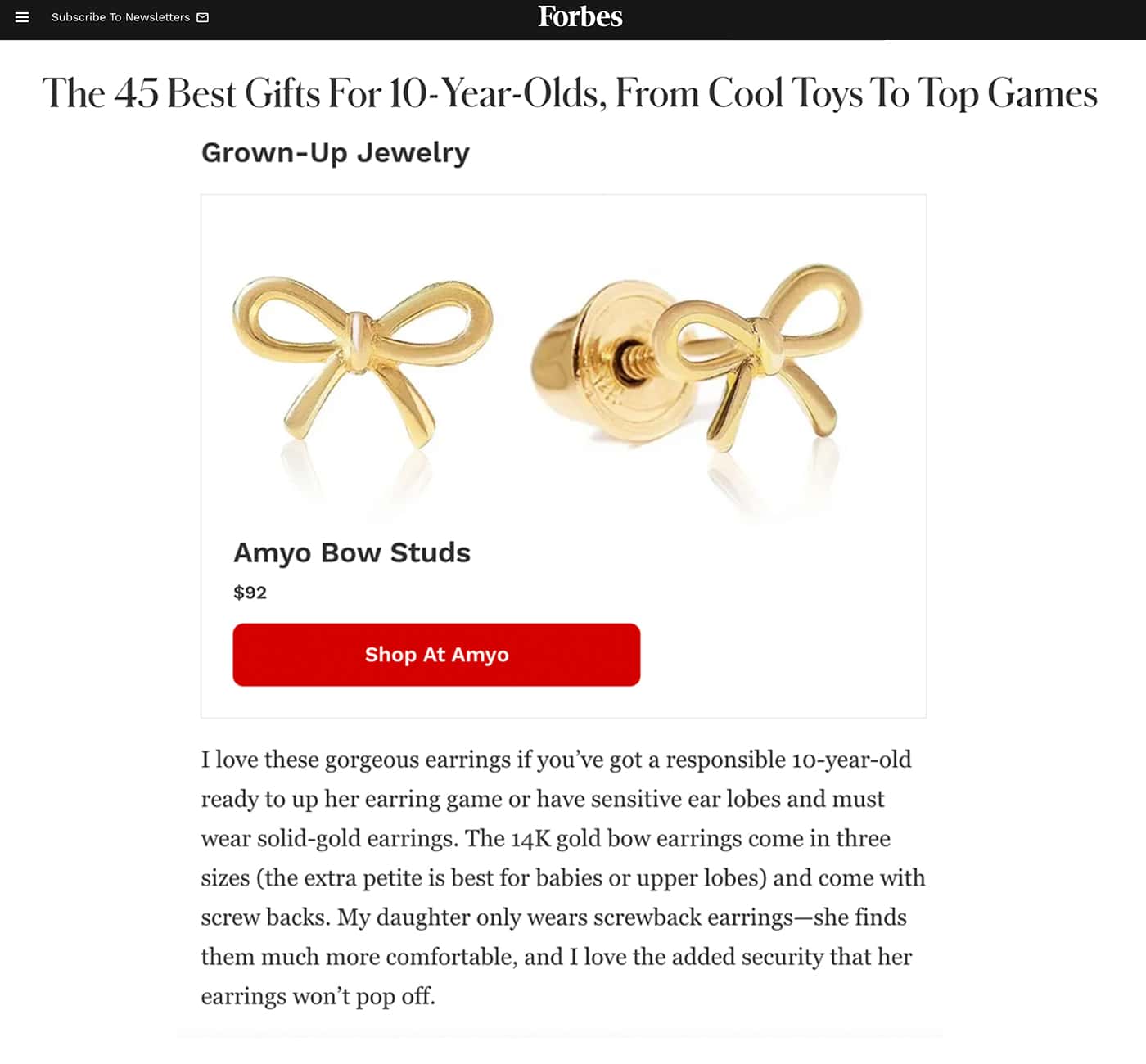 Forbes 45 Best Gifts For Children 14K Gold Bow Studs