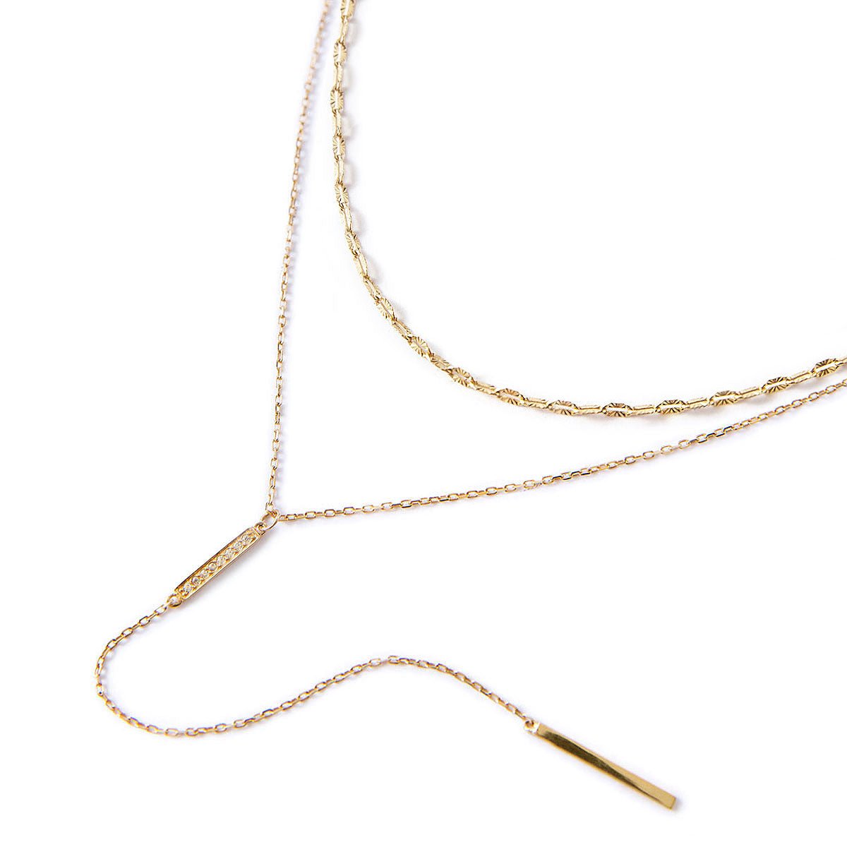 Gold Chain and Bar Lariat Layered Necklace