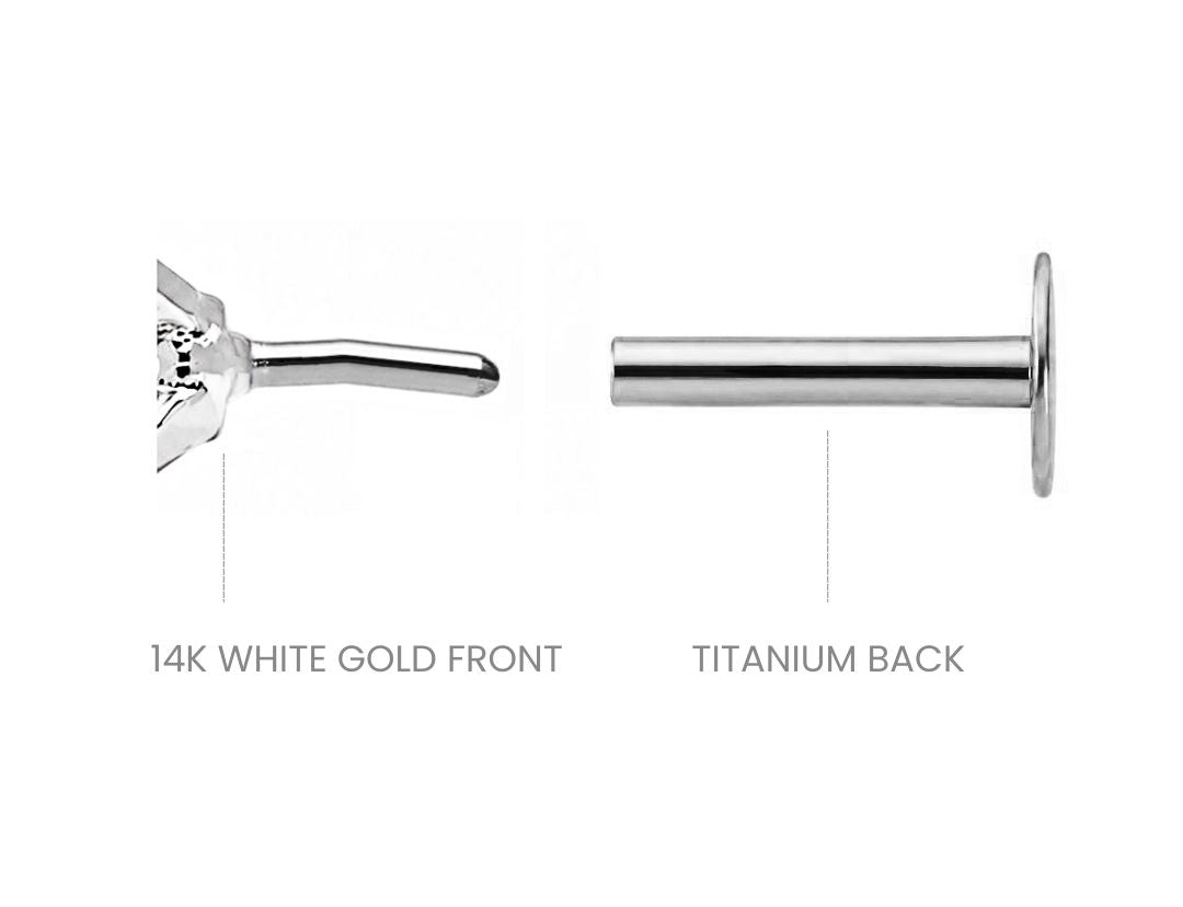 Diagram on white showing a 14K white gold stud front beside a labeled titanium flat back post