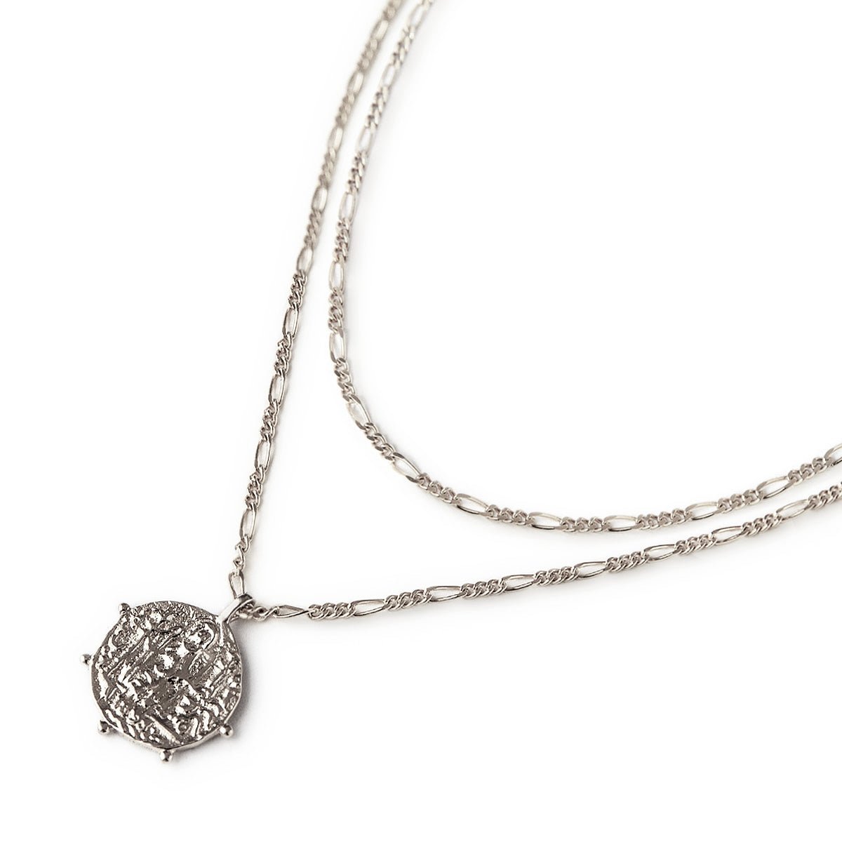 Silver Necklace And Necklace, Coin Figaro Layered Duo