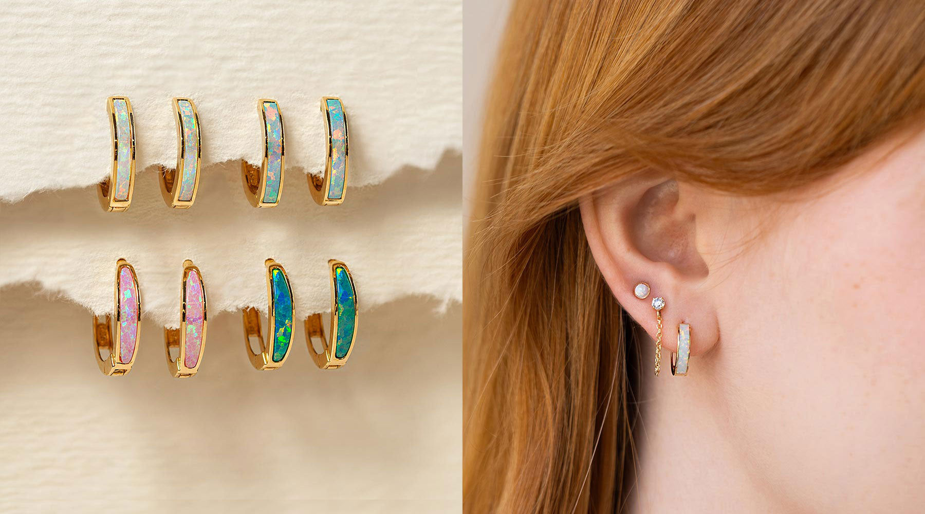 Shop AMYO bestselling 14k gold opal earrings featuring colorful opal huggie earrings styled on model and product display.