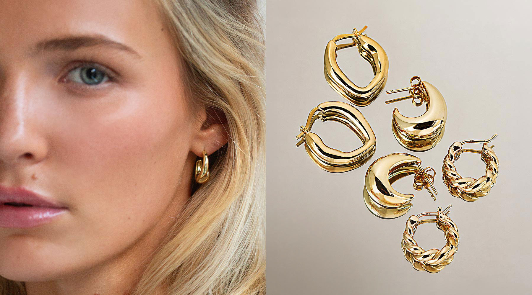 Gold Vermeil hoop earrings in chunky, twisted, and sculptural styles worn by model. Shop AMYO gold hoops.