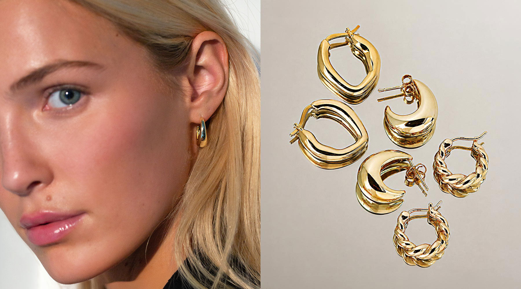 Gold Vermeil hoop earrings in chunky, twisted, and sculptural styles worn by model. Shop AMYO gold hoops.