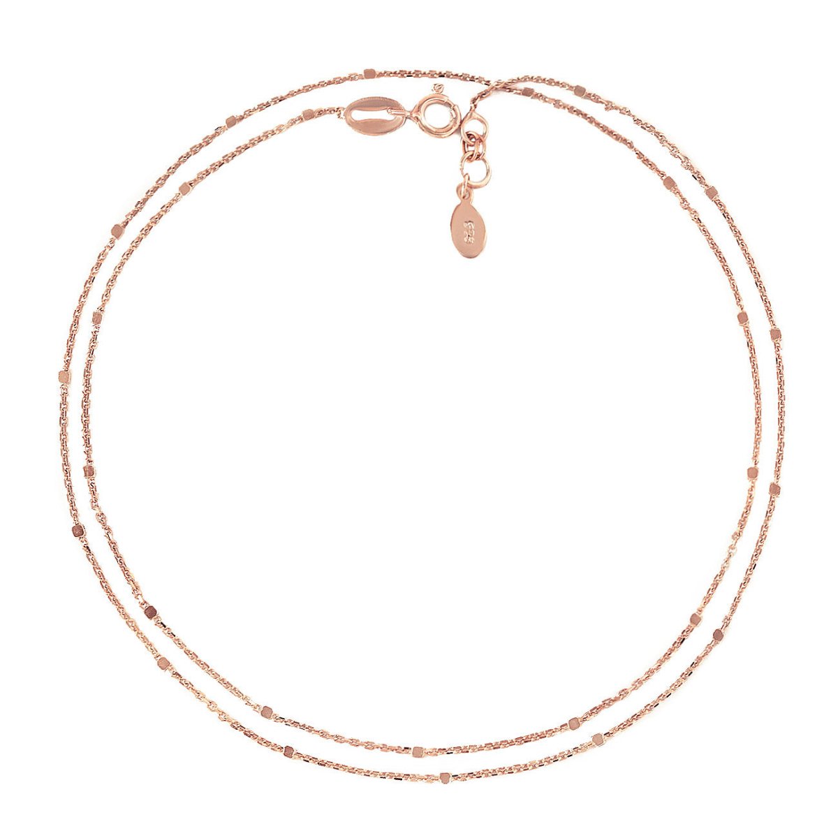 Rose gold vermeil double row anklet with small square beads along the chain, laid flat on a white background
