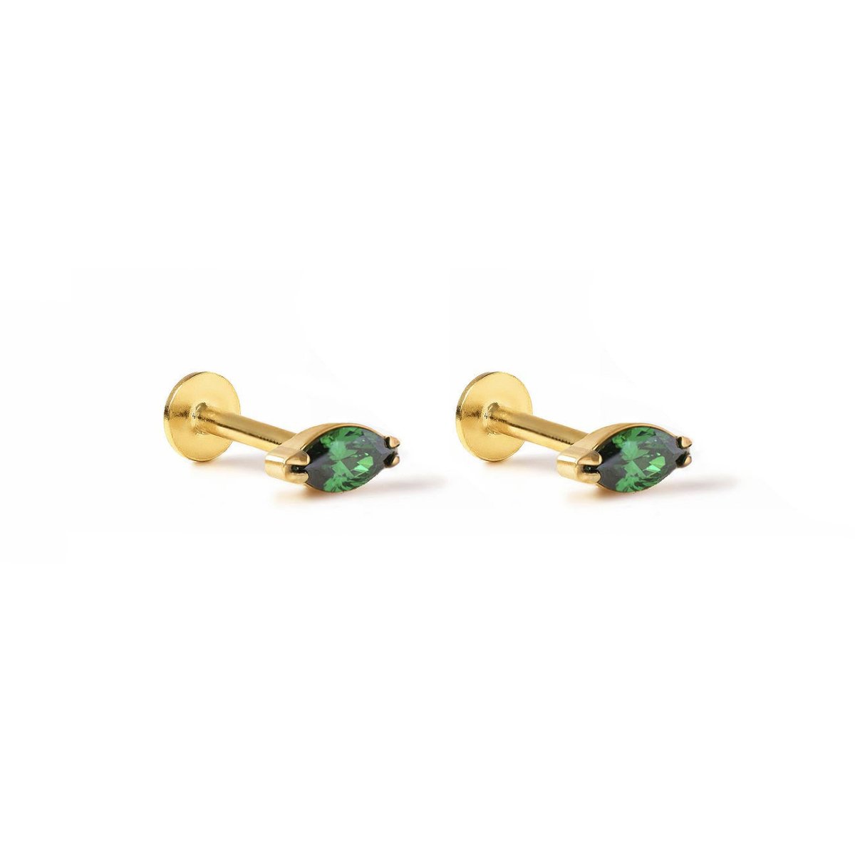Pair of gold titanium marquise emerald flat back studs, on a white background