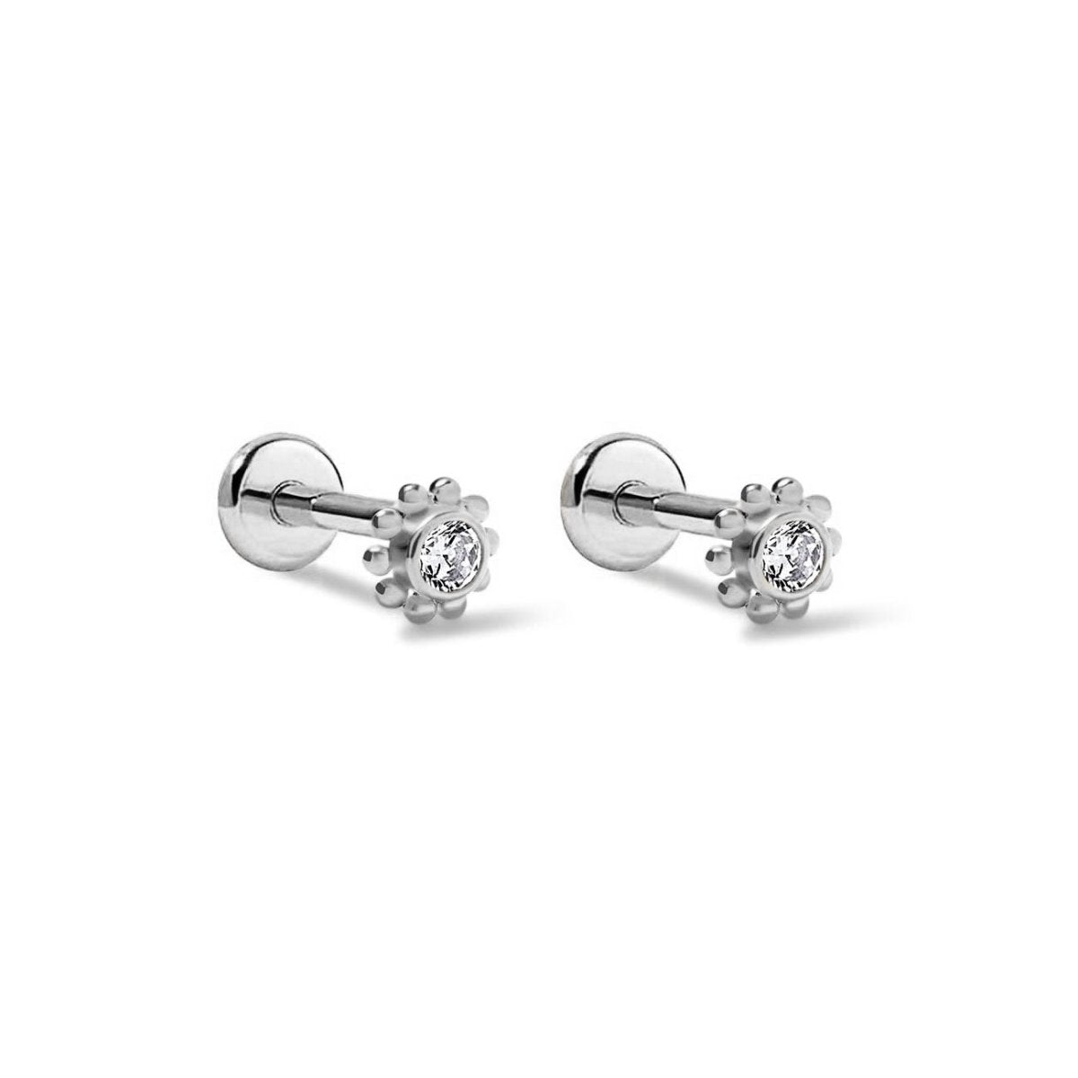 Titanium tiny crystal beaded halo stud earrings, on a white background