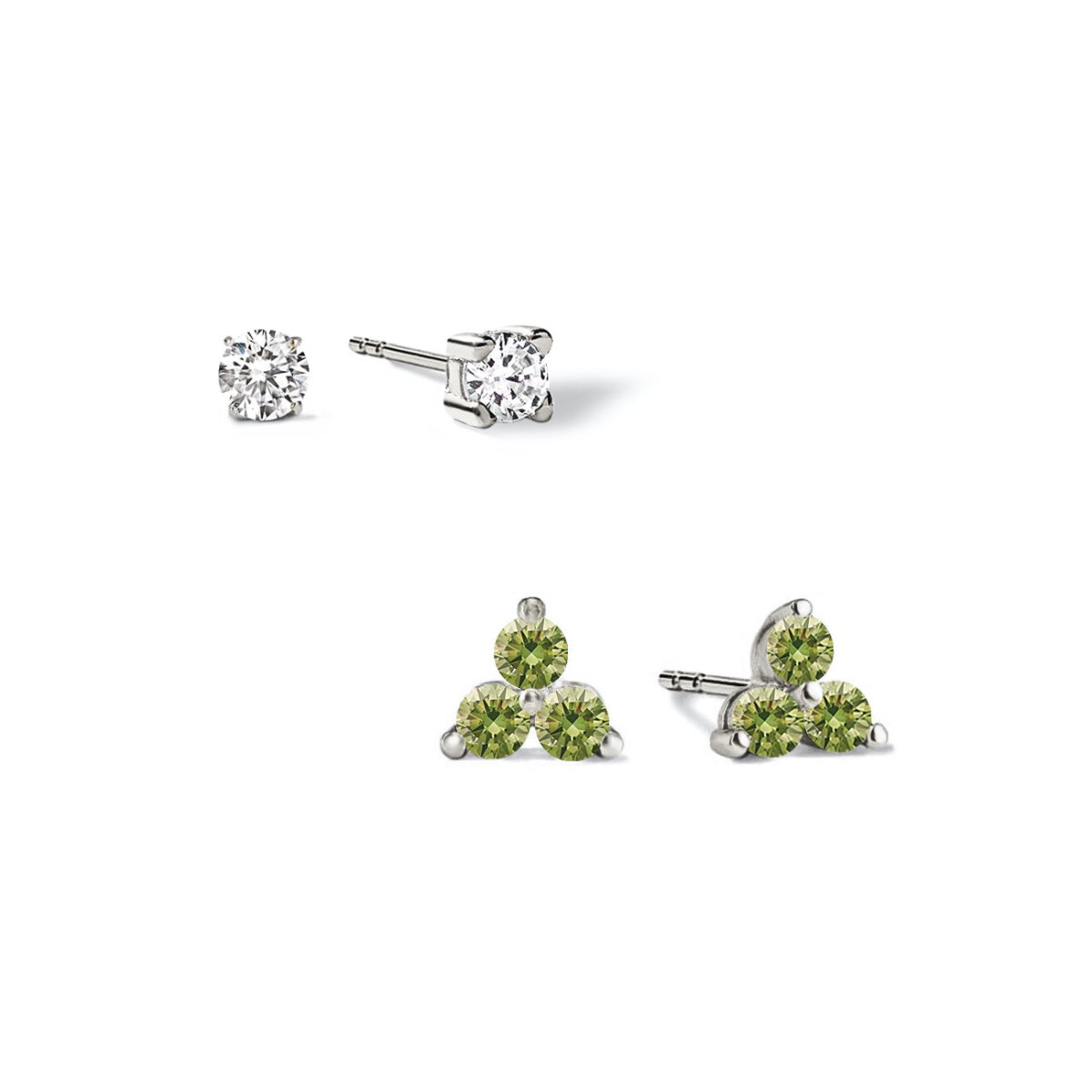 Sterling silver birthstone studs set: a clear solitaire and a three-stone green peridot cluster, on a white background