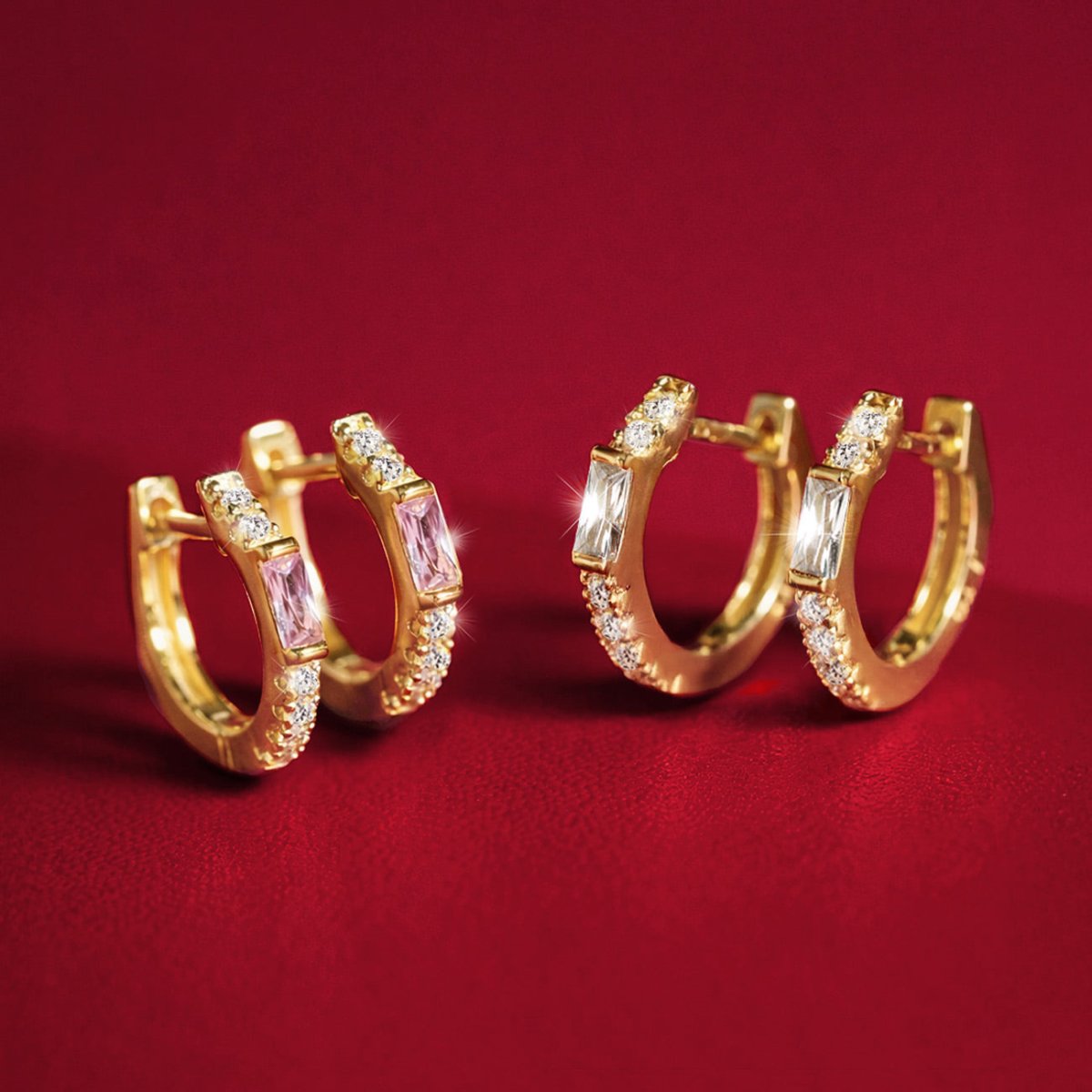 Gemstone Baguette Huggie Earrings Pink Sapphire