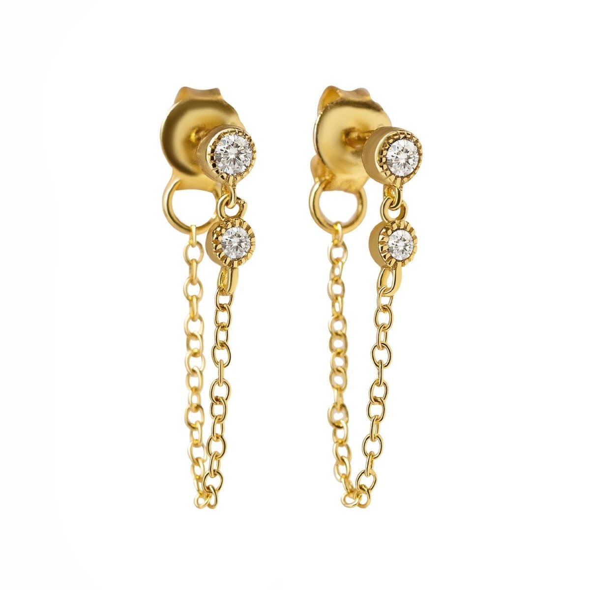 Gold Studs Earrings, Double Bezel Chain Earrings