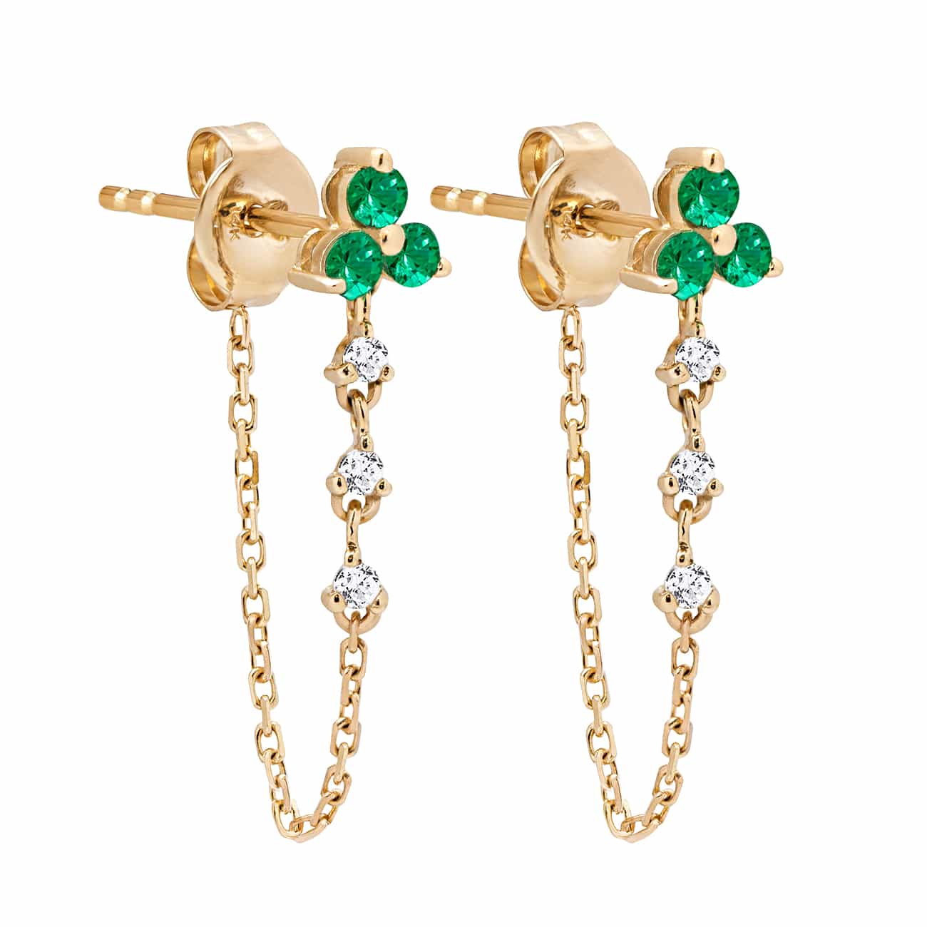 Gemstone Diamond Chain Earrings Emerald