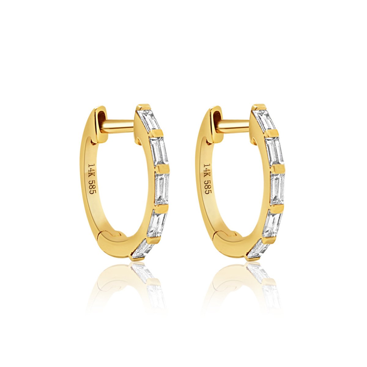 Baguette Diamond Huggie Hoop Earrings, 14K Gold Huggies Earring