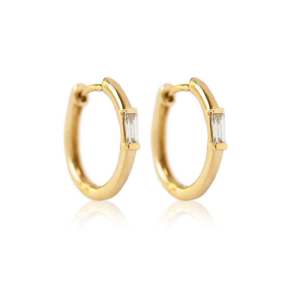 14K Diamond Hoop Earrings, Solitaire Baguette Diamond Hoops