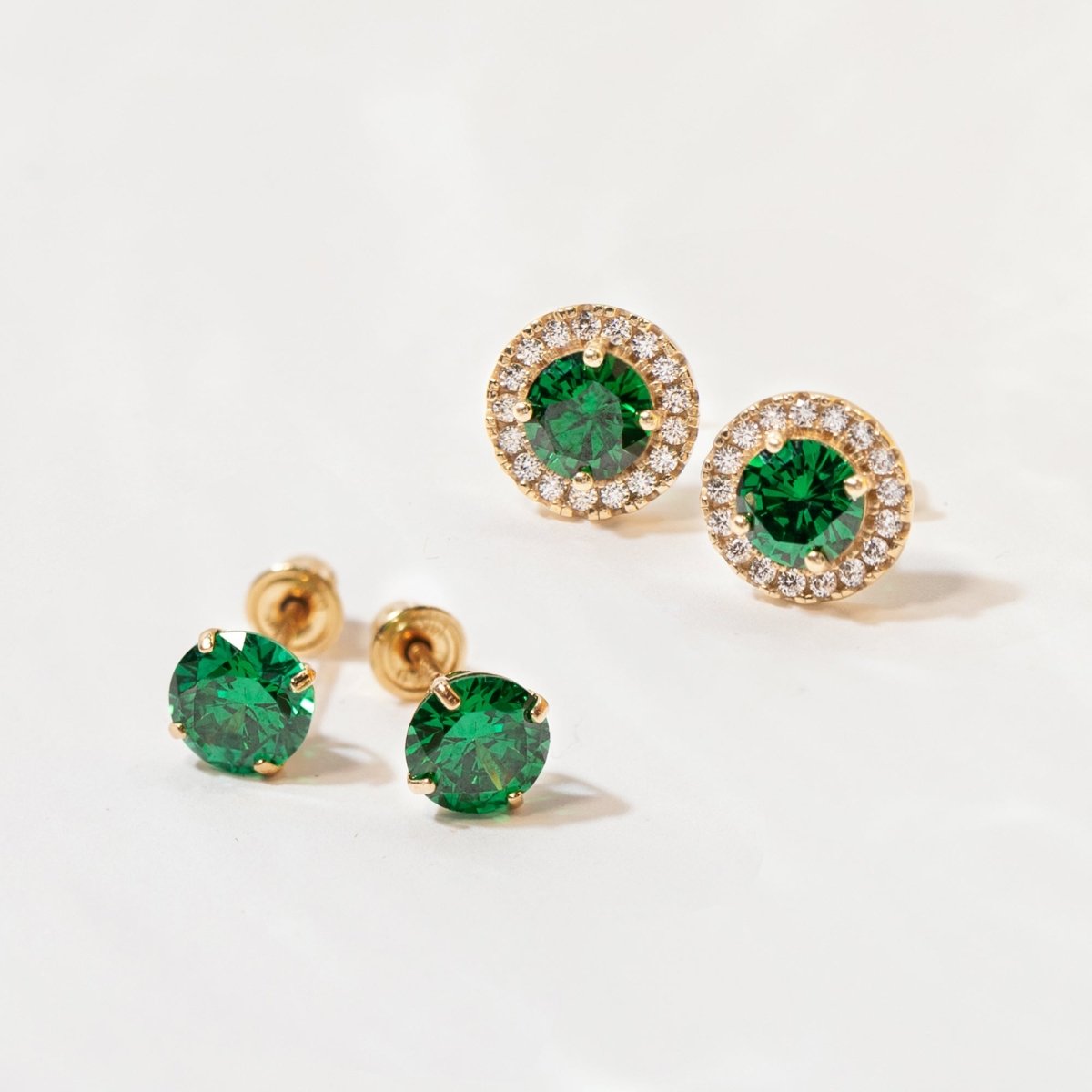 Birthstone Solitaire Halo Studs Emerald