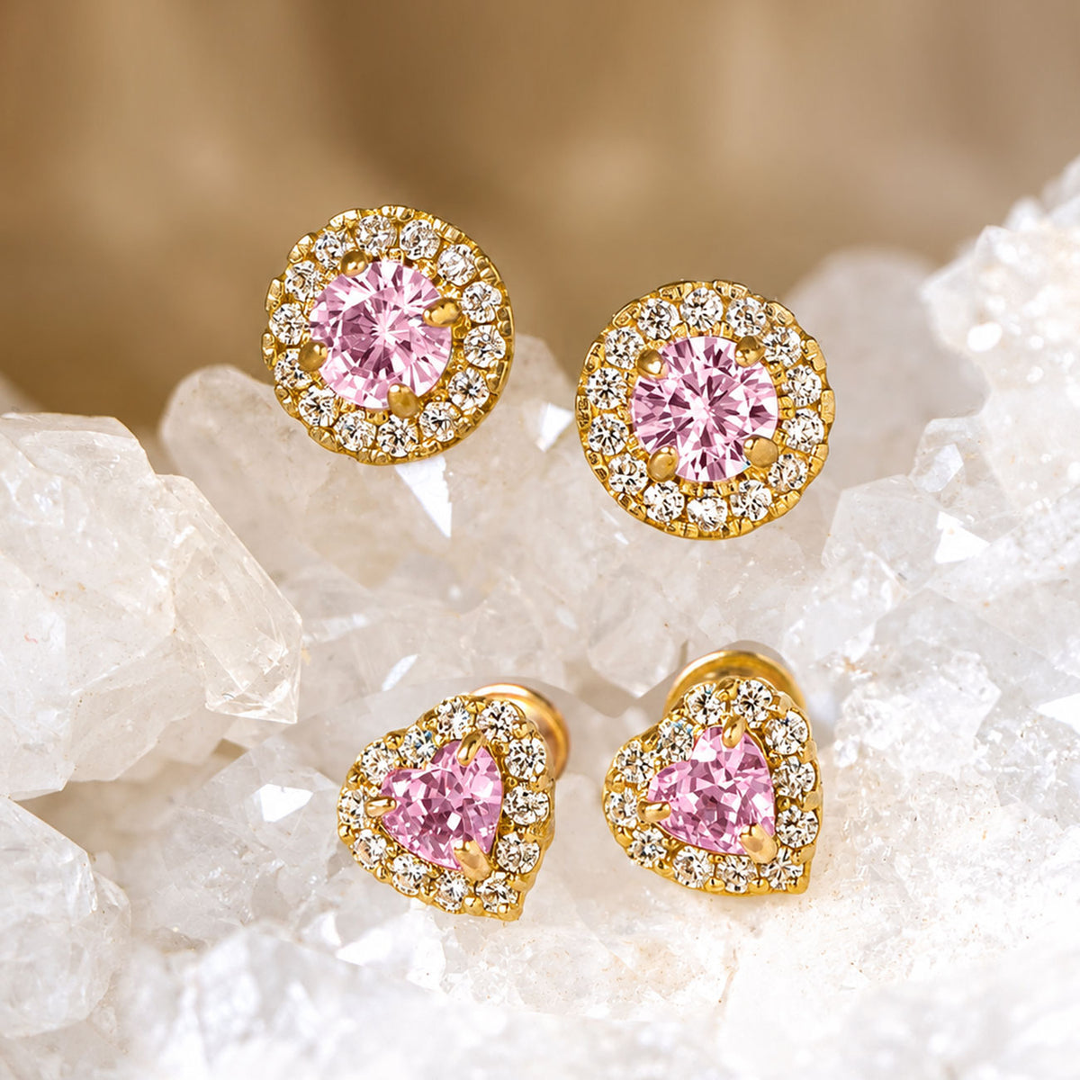 Heart Gemstone Halo Studs Pink Sapphire 14K