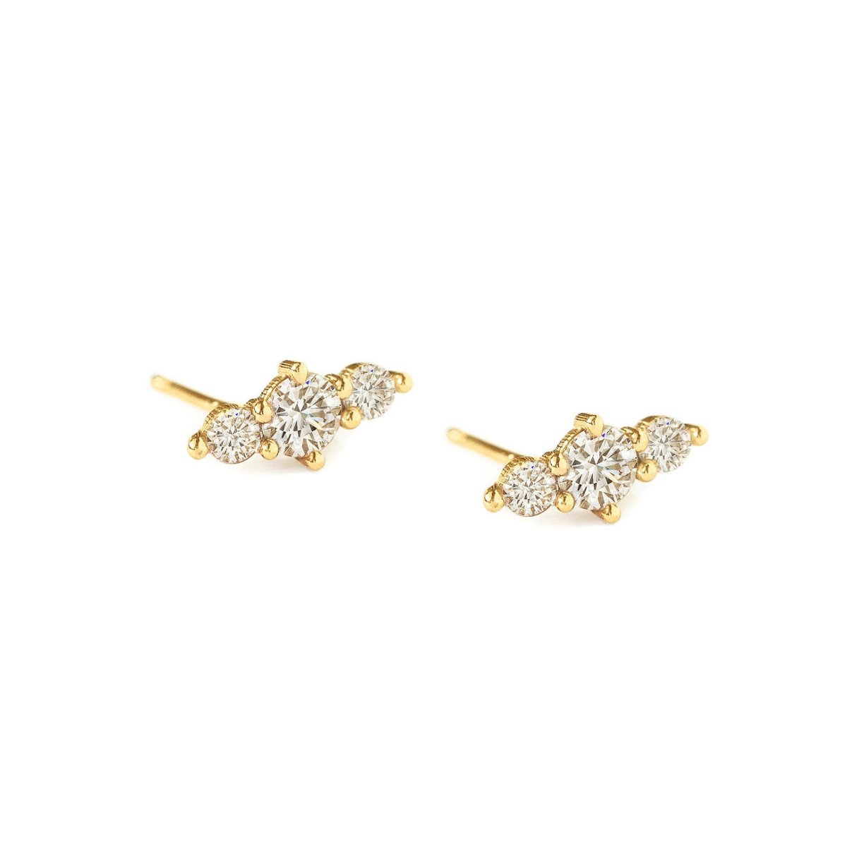 14K Solid Gold Trio Bar Pave Studs