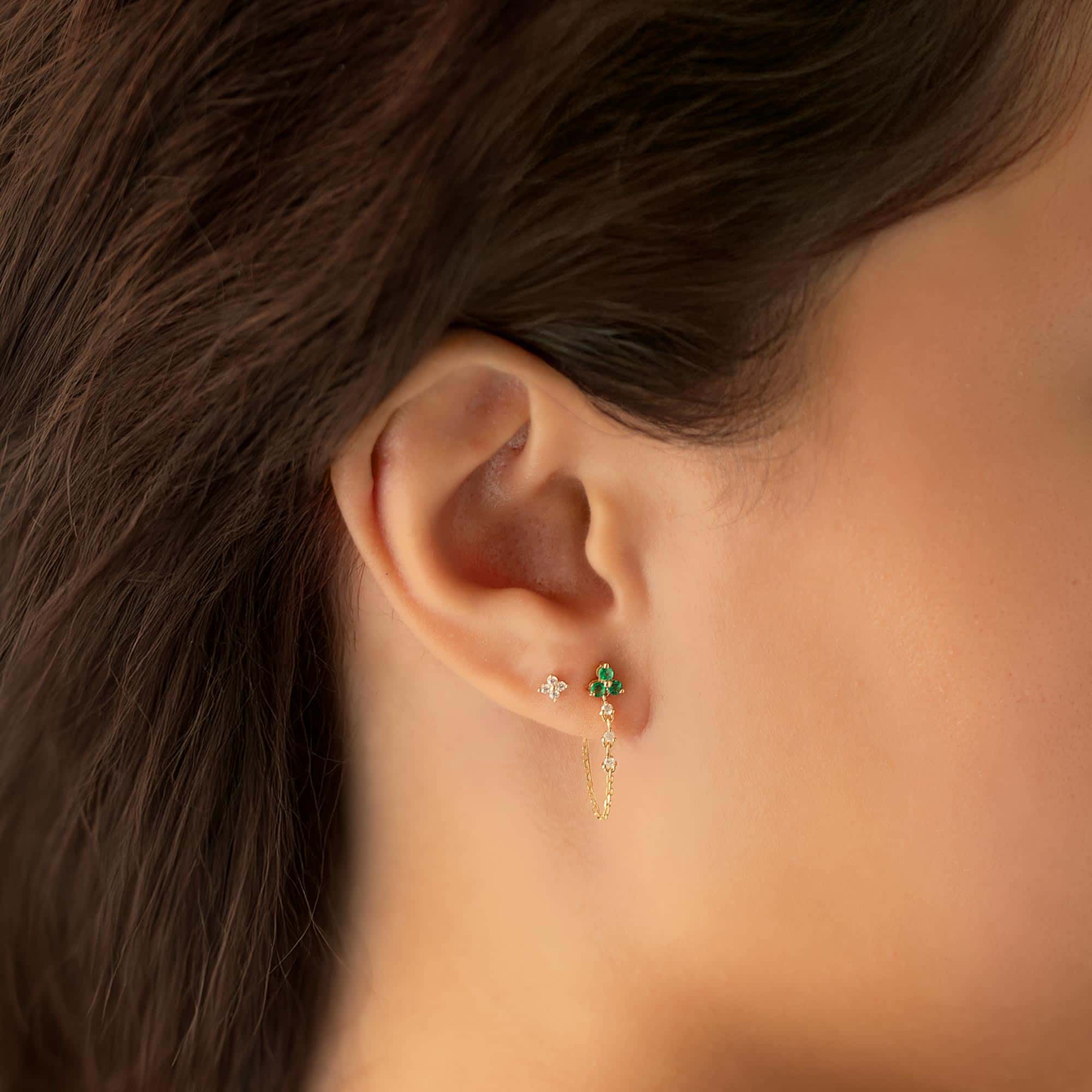 Gemstone Diamond Chain Earrings Emerald