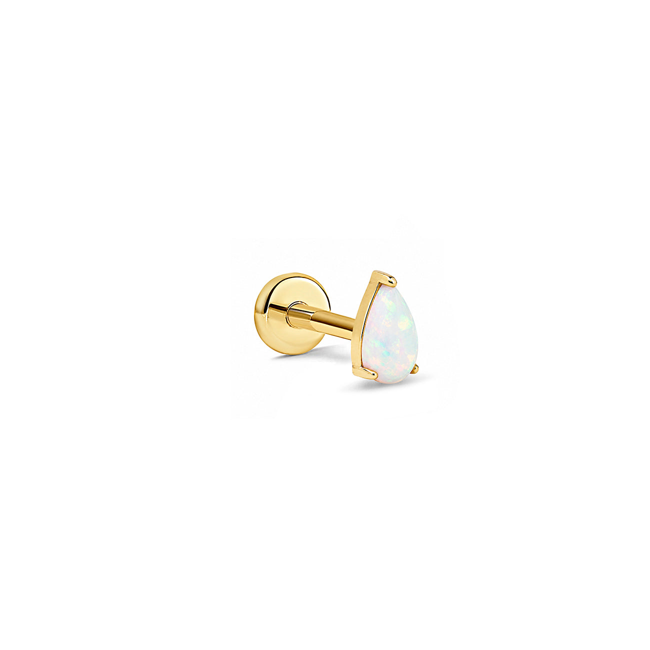 Gold flat back stud with a pear-shaped white stone in a prong setting, shown on a white background