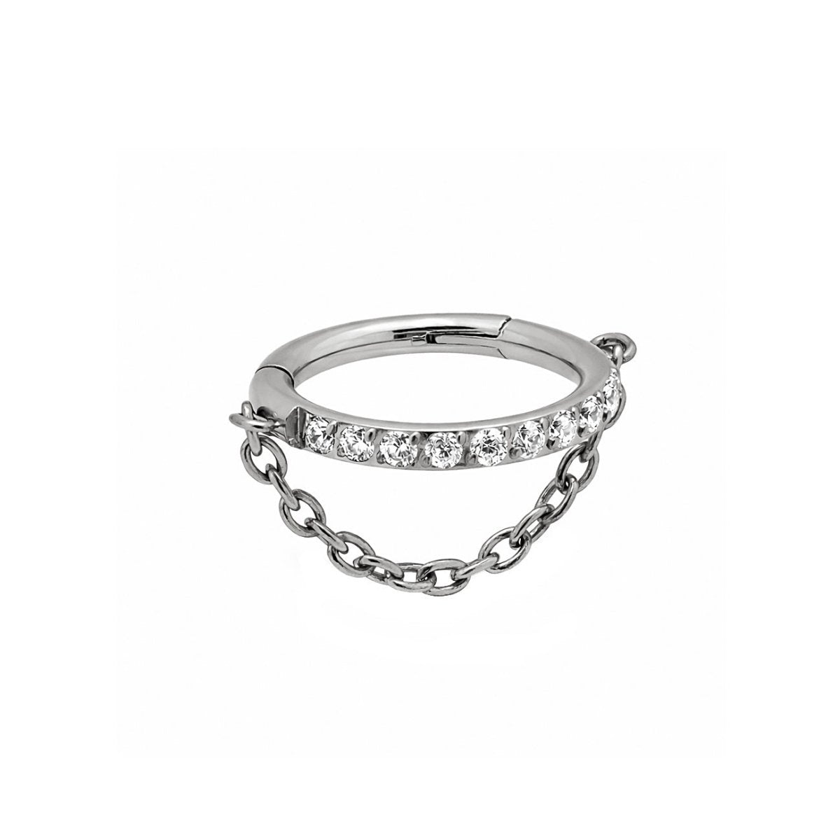 Titanium crystal chain cartilage earrings, on a white background