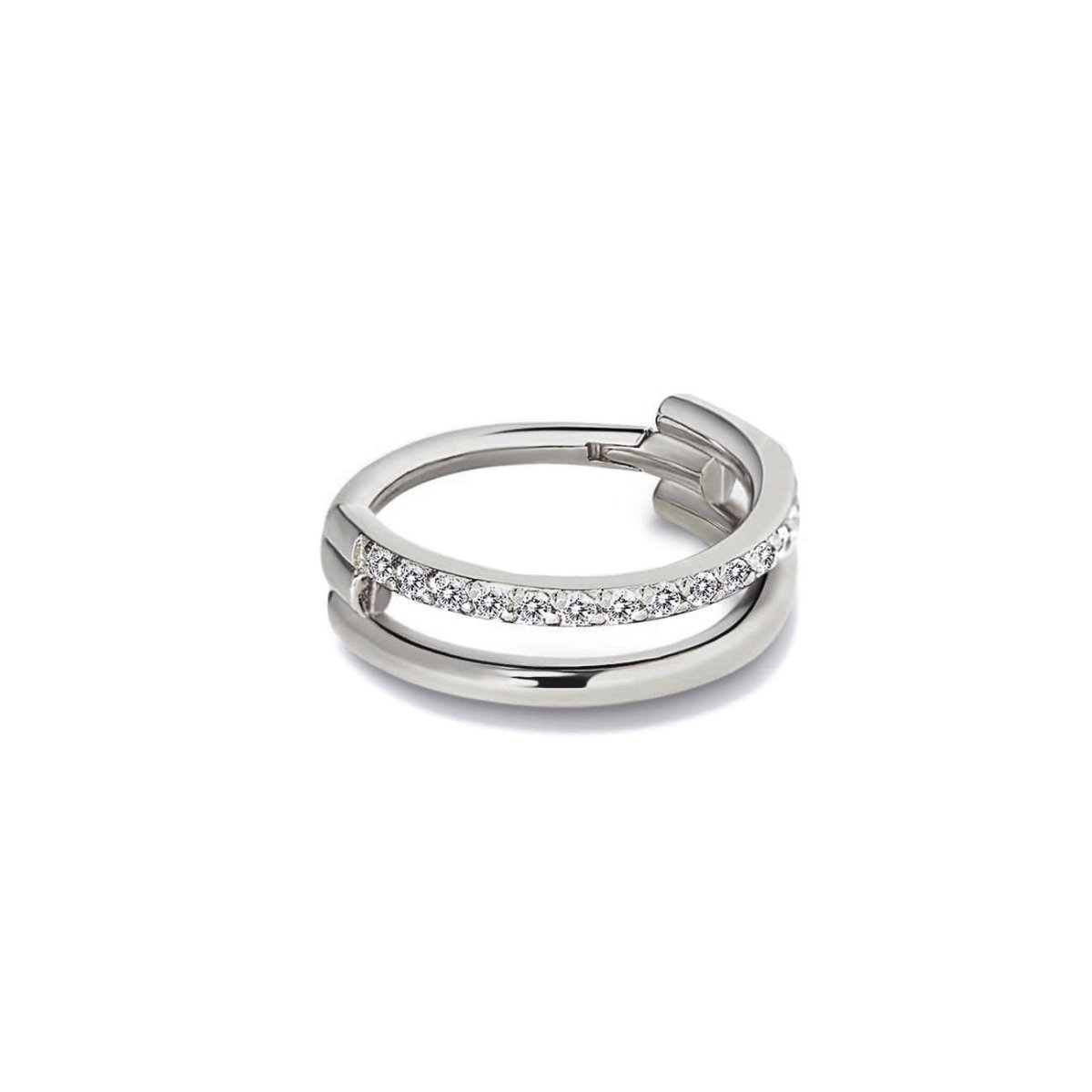 Titanium double hoop pavé cartilage earring with white zirconia and a clicker closure, on a white background