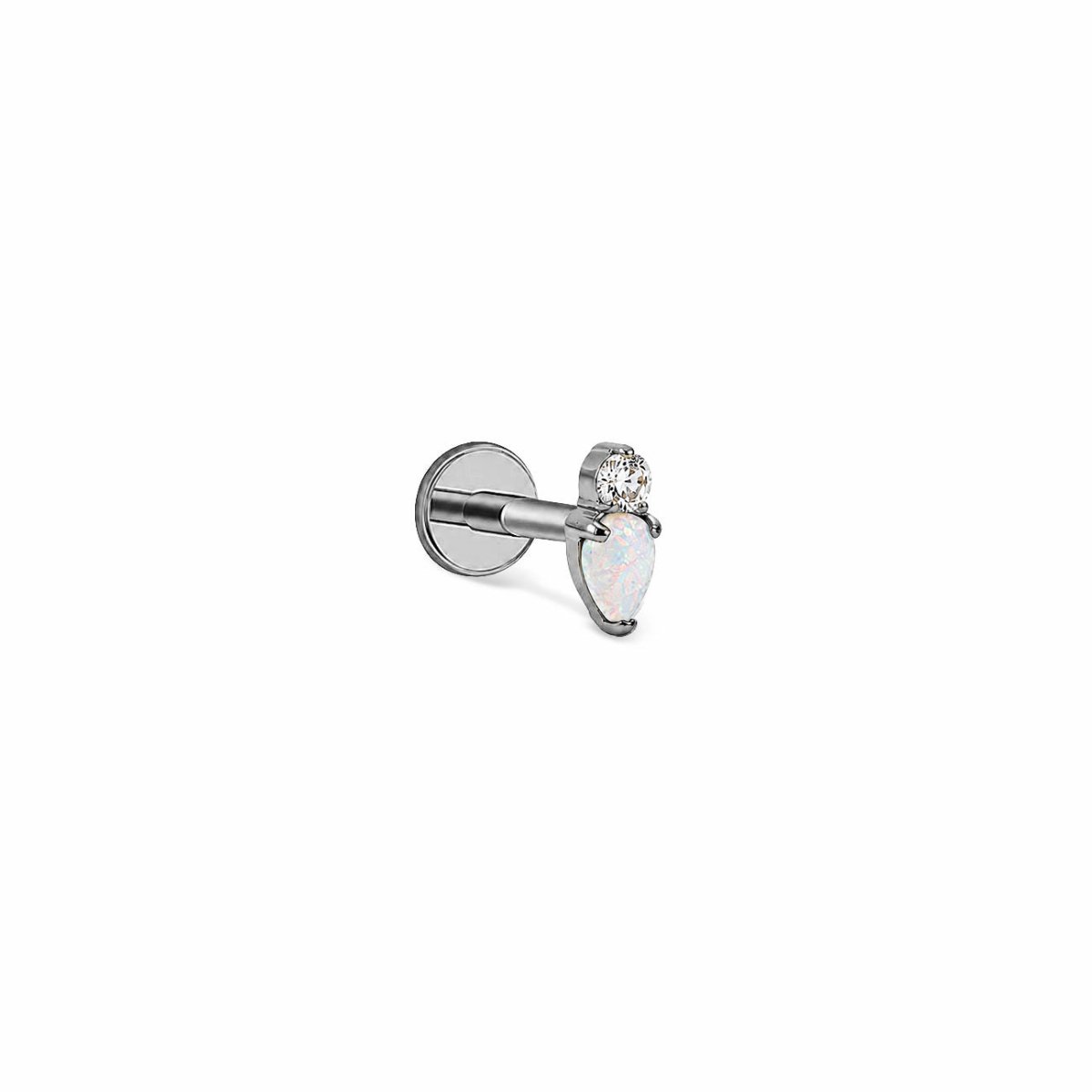 Photo of AMYO's Tiny Pear Duo Flatback Stud with White Opal gemstone in Titanium on white background | #Gemstone_White Opal