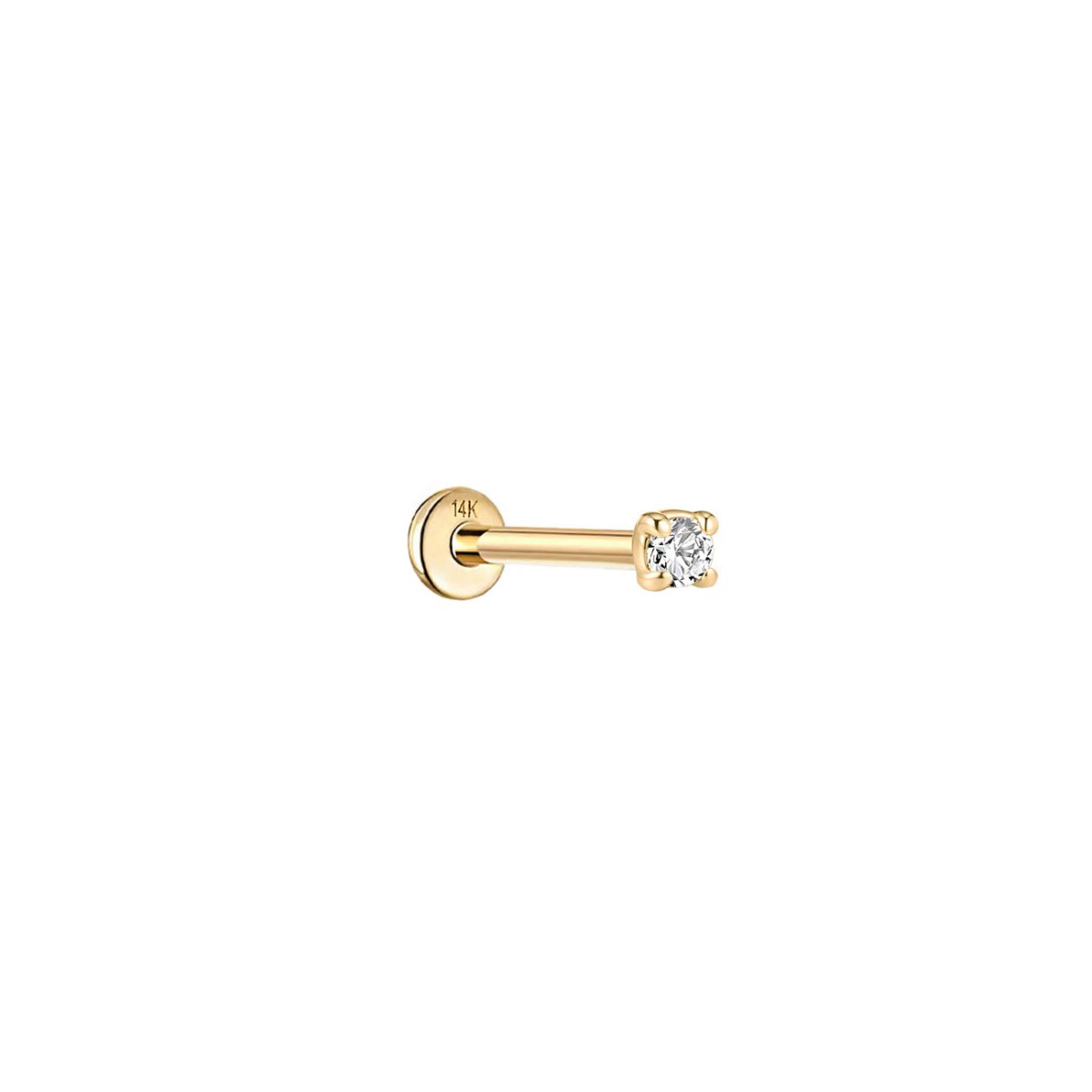 14K gold flat back stud with a small round prong-set stone, shown side-on against a white background