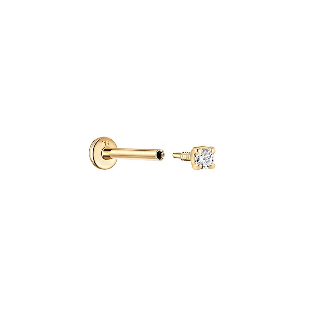 14K gold flat back stud shown disassembled, with labret post beside a four-prong round stone top