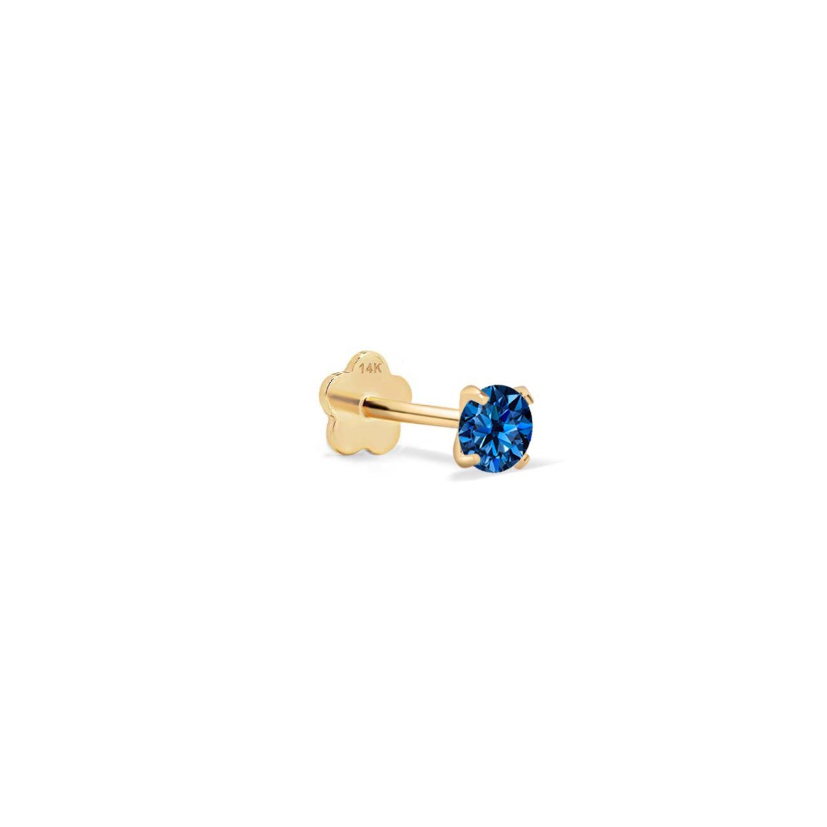 14K gold flat back stud with a round deep blue sapphire, flower-shaped back, on a white background