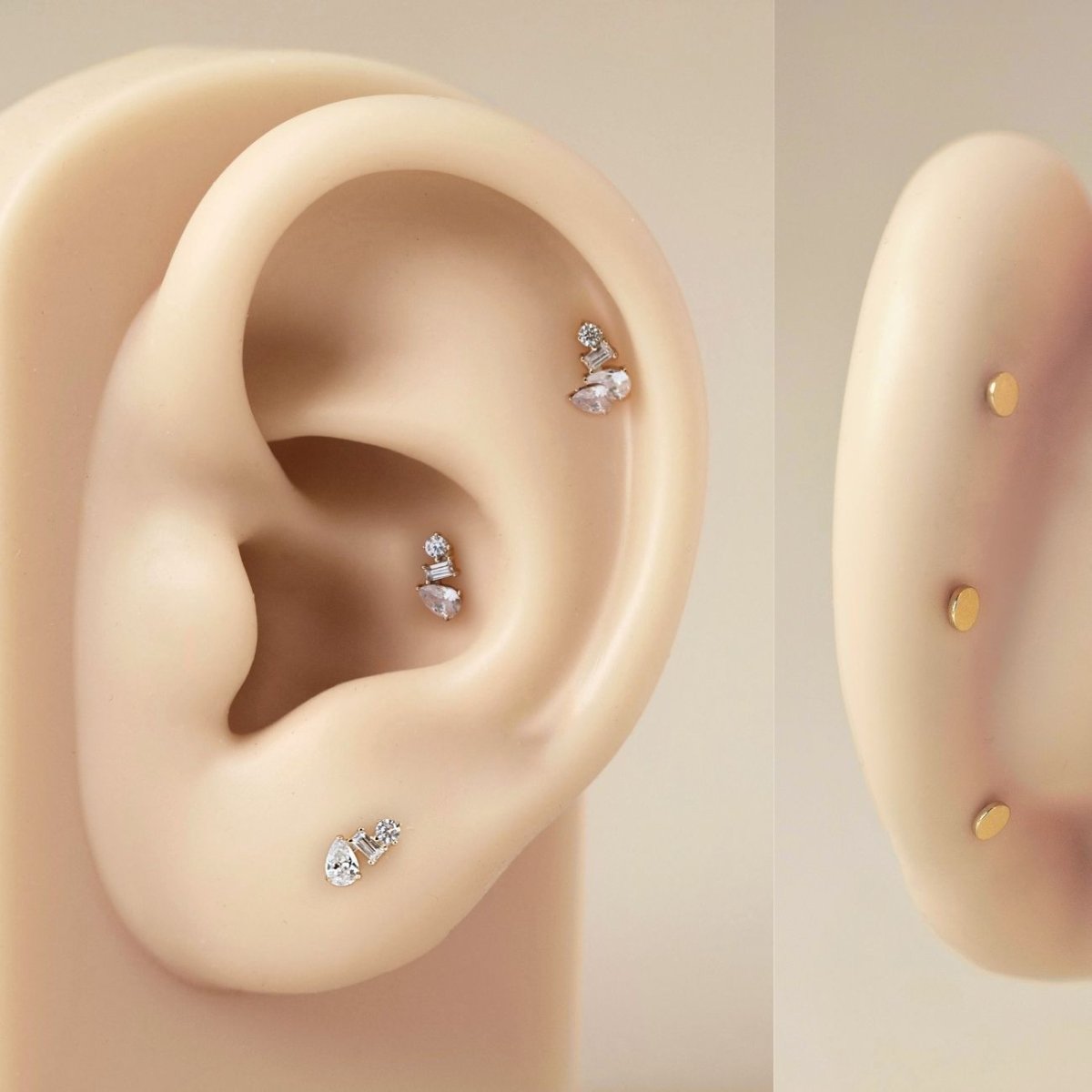 As worn image of silicone ear of Pavé Cluster Flat Back Earring on beige background