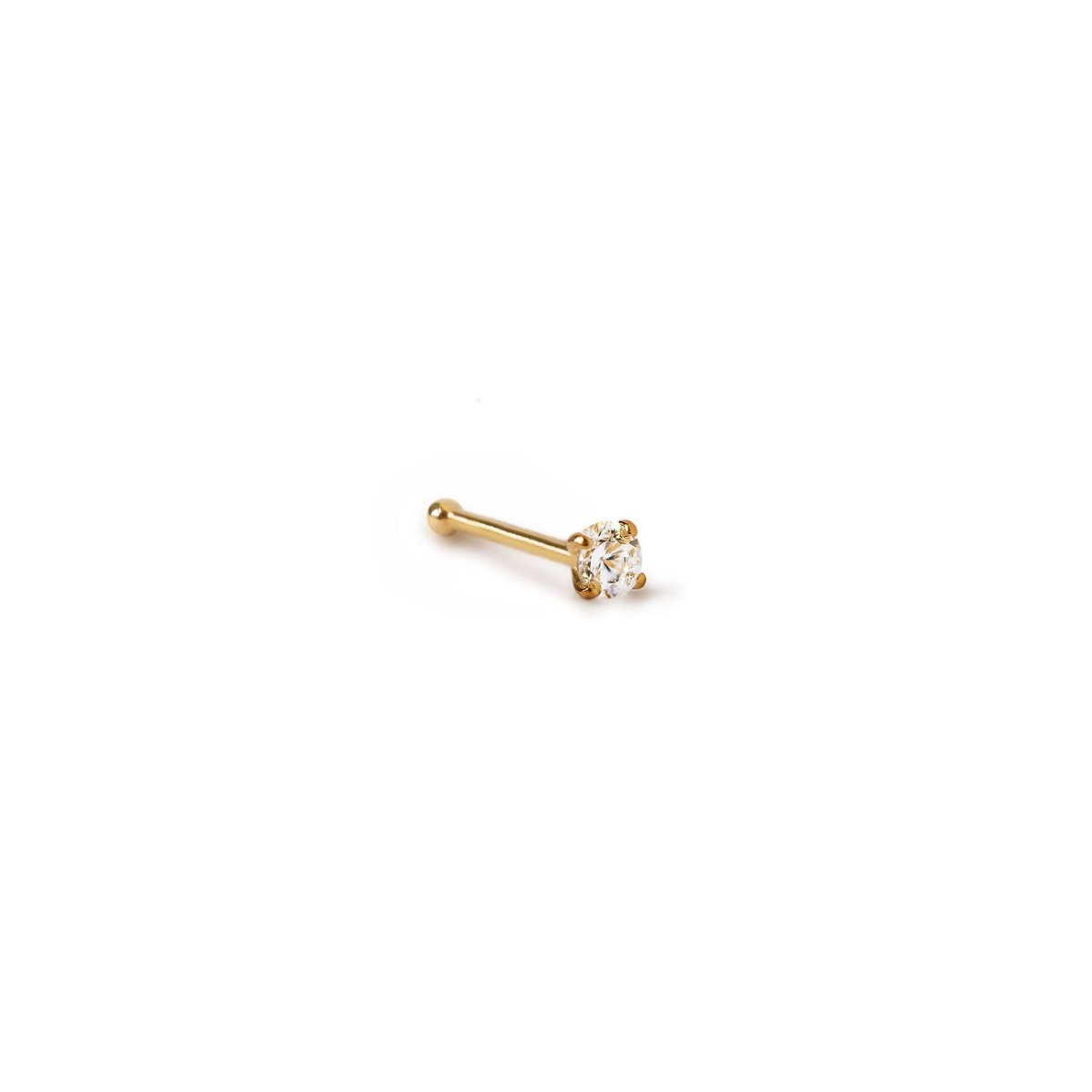 14K gold nose stud with a prong-set round white zirconia, on a white background