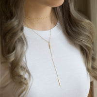 Chain and Bar Lariat Gold Layered Necklace with Plain White Tee
