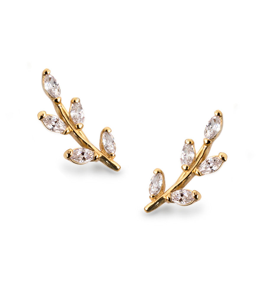 Gold Crystal Leaf Ear Climbers, Earrings - AMY O. Jewelry