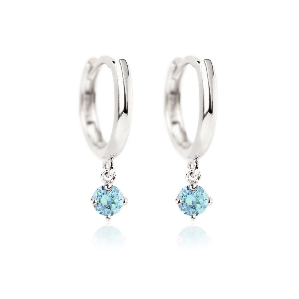 Aquamarine Huggie Earrings, 14K White Gold Hoops, March