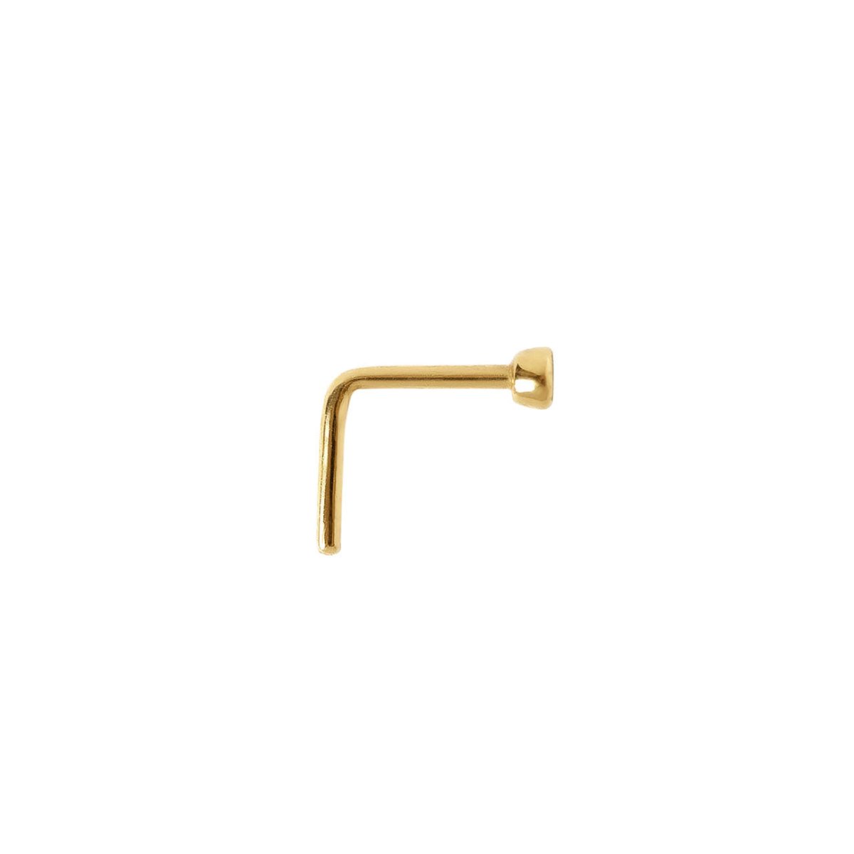 Gold L-shaped nose stud shown from the side, on a white background