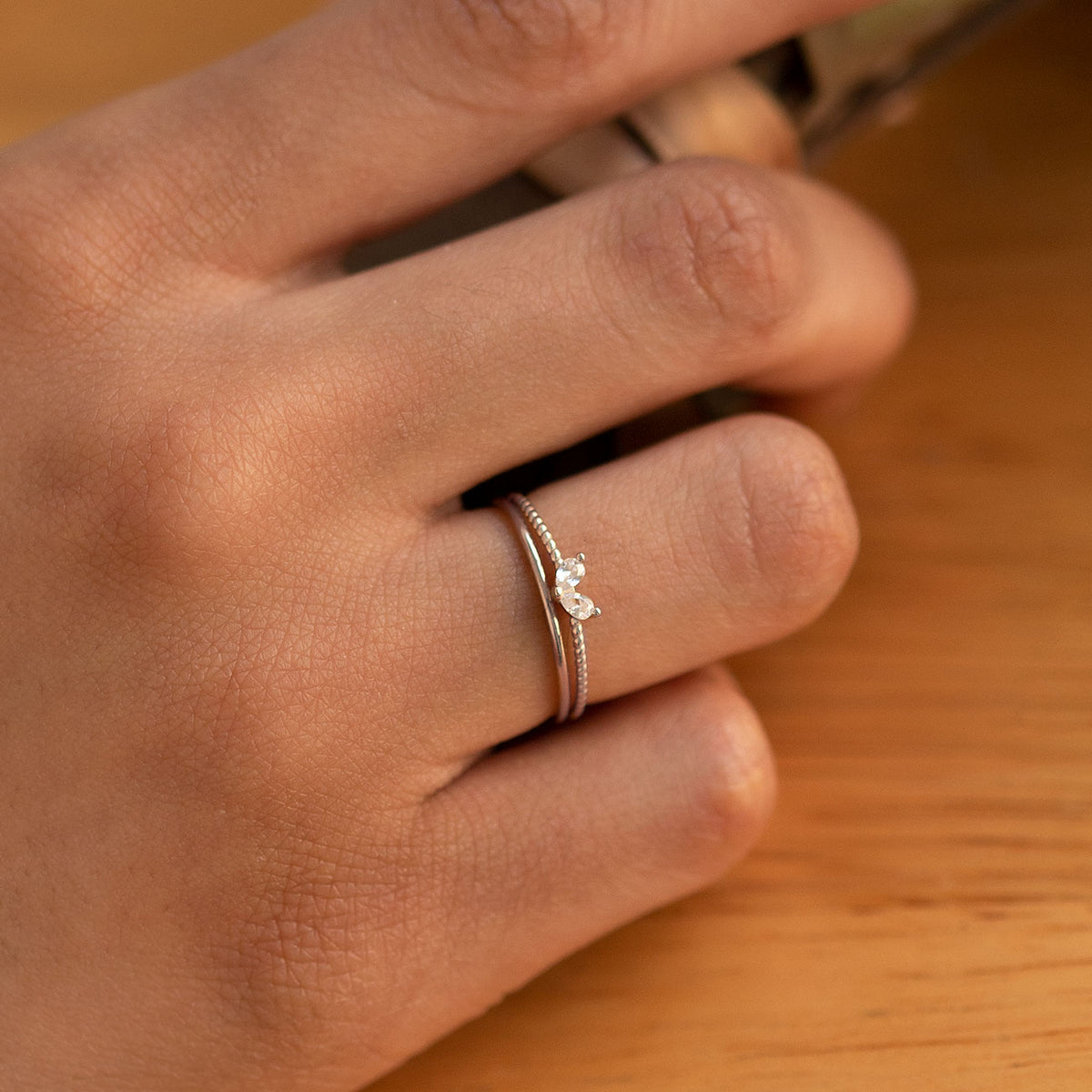 Tiny Pear Heart + Thin Stacking Ring Set, Stacker Set, Silver