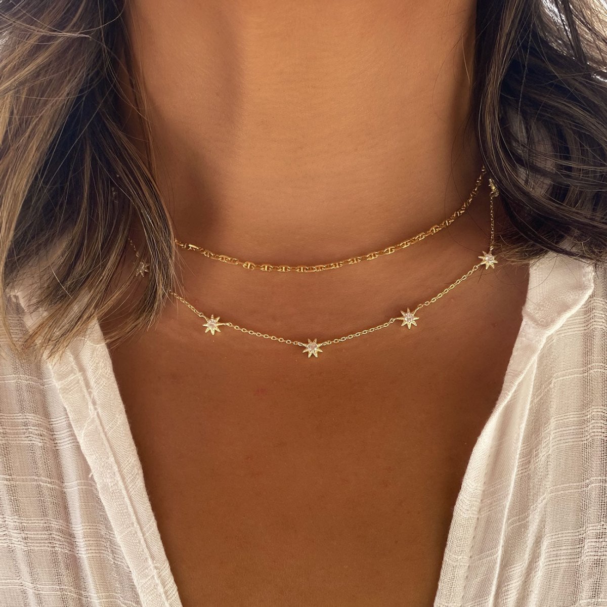 Model wearing Gold Star Layered Choker Necklace