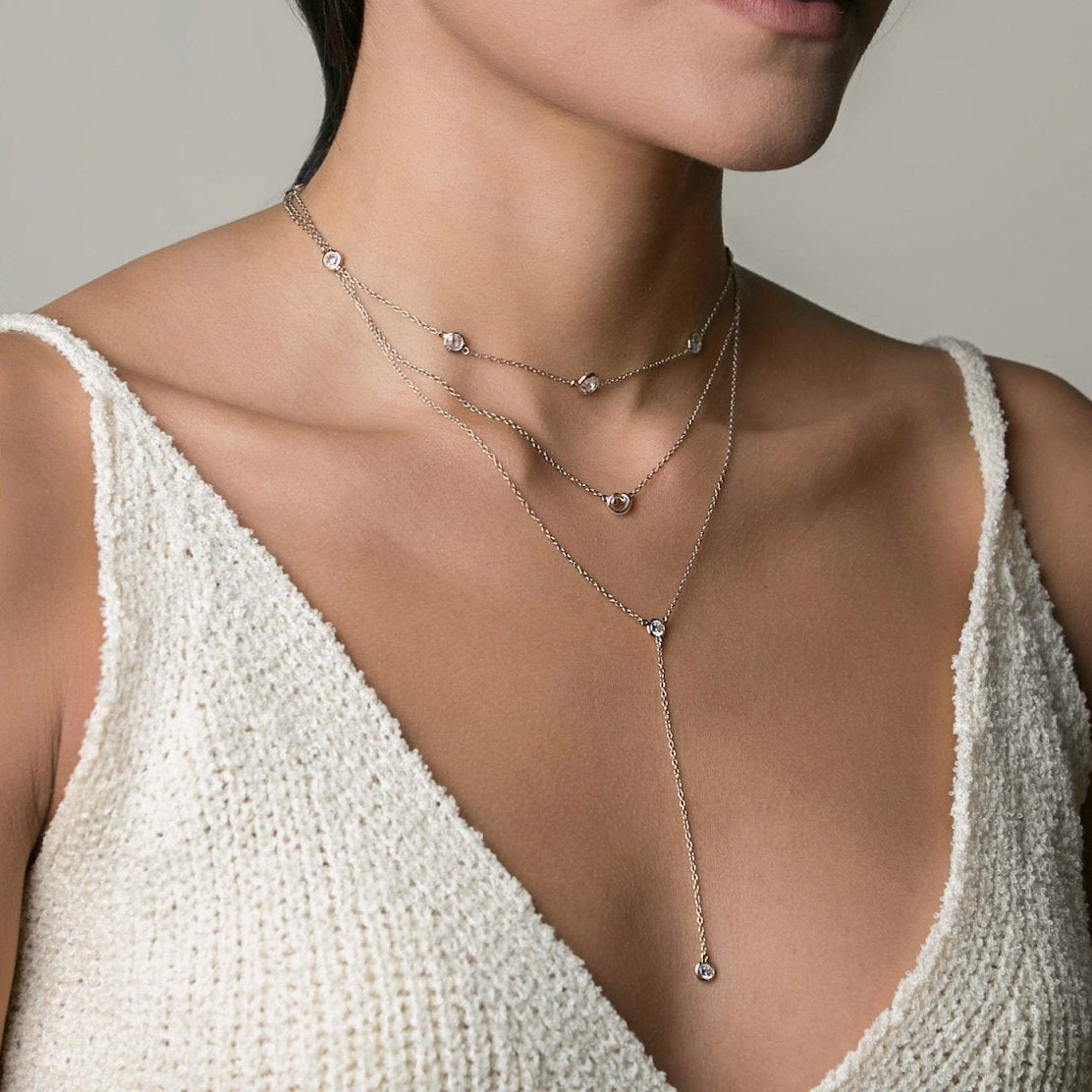 Silver Lariat Necklace, Crystal Lariat Necklace