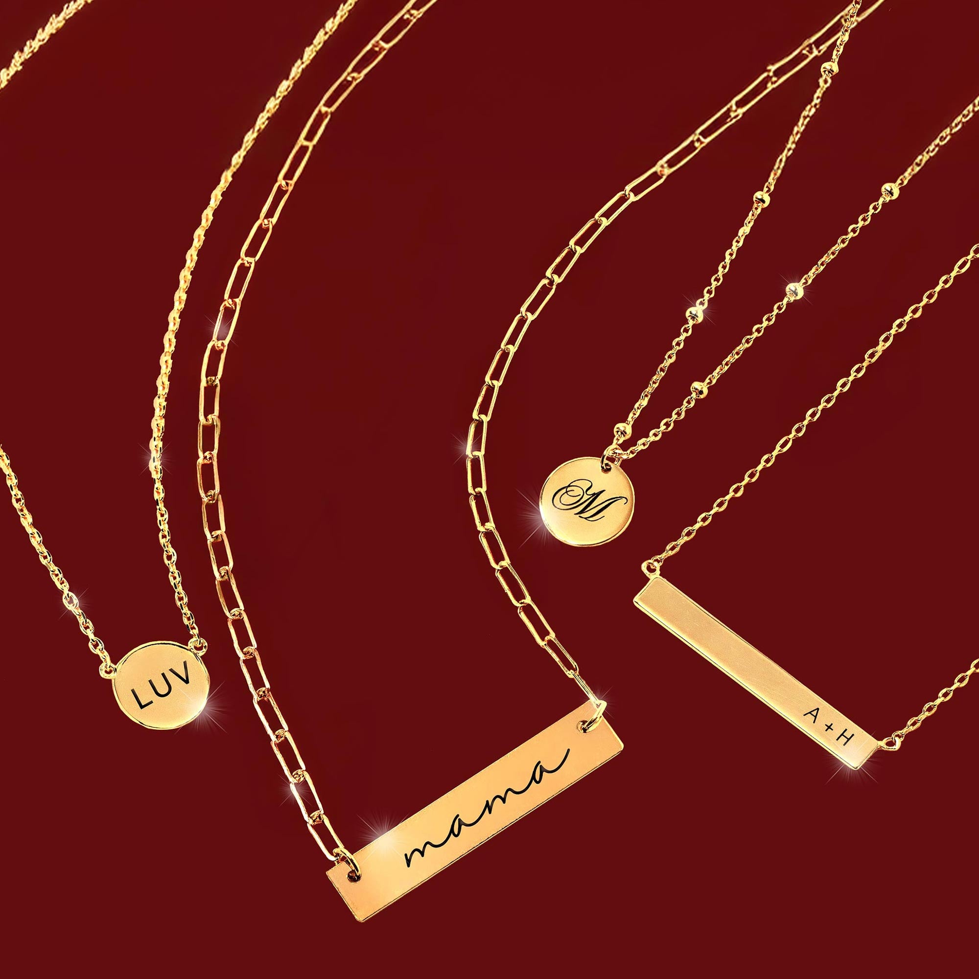 Engravable Gold necklaces from AMYO perfect for gifting.
