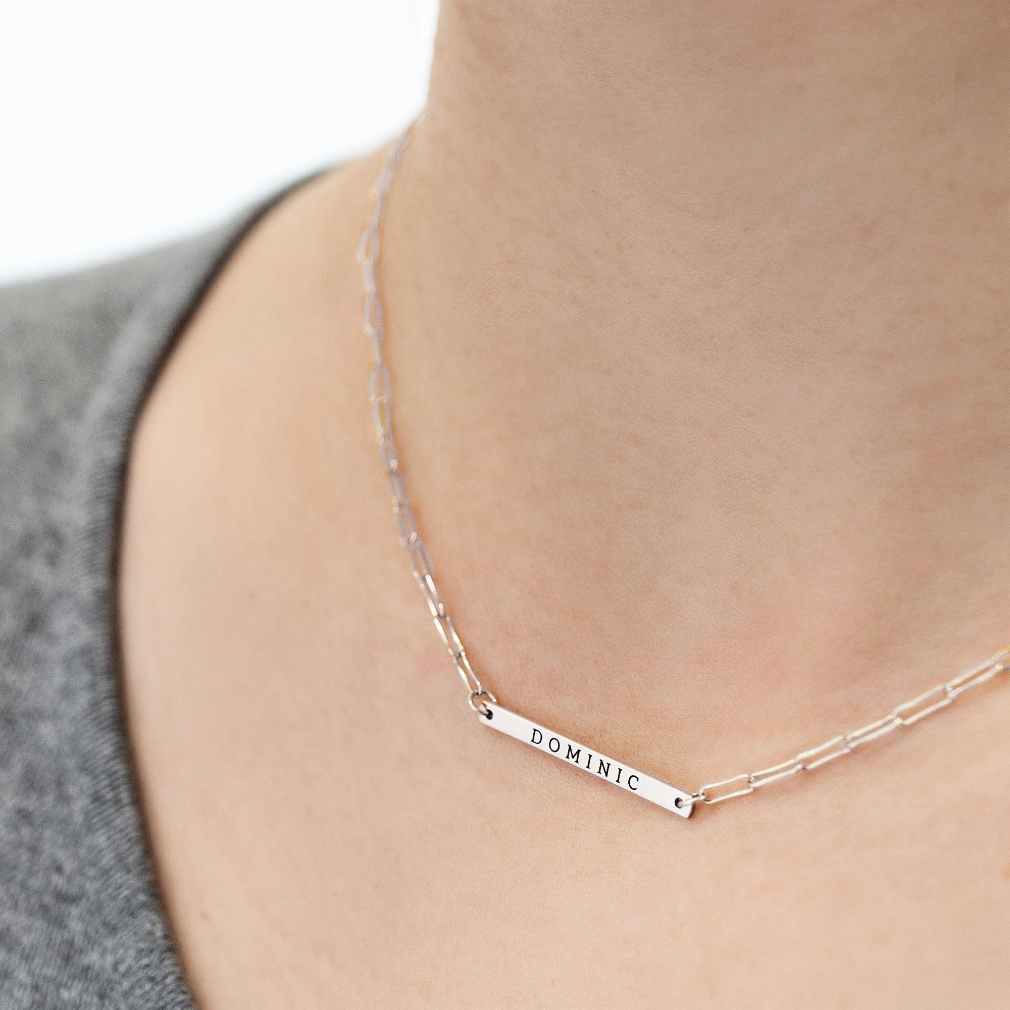 Paperclip Chain Thin Bar Engraved Necklace