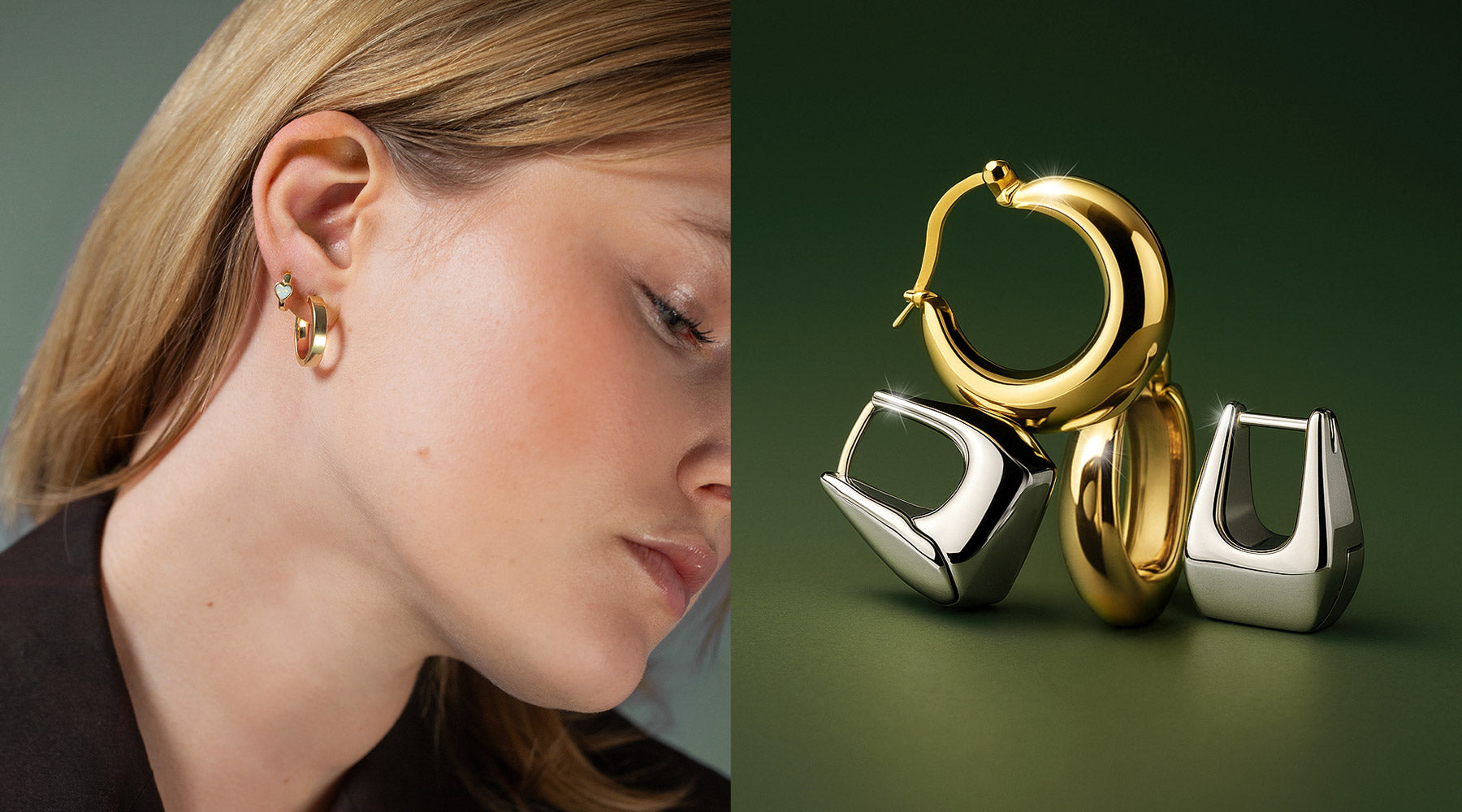 Shop AMYO bold hoop earrings in gold and silver, featuring bold, chunky shapes crafted for modern minimalist style and versatile everyday wear.