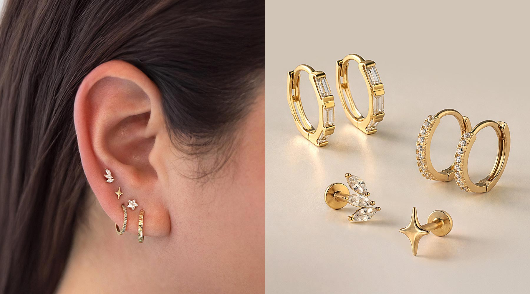 AMYO 14K gold earrings featuring studs, huggies, hoops, and flat back designs, styled for ear stacking, everyday wear, and fine jewelry gifting.