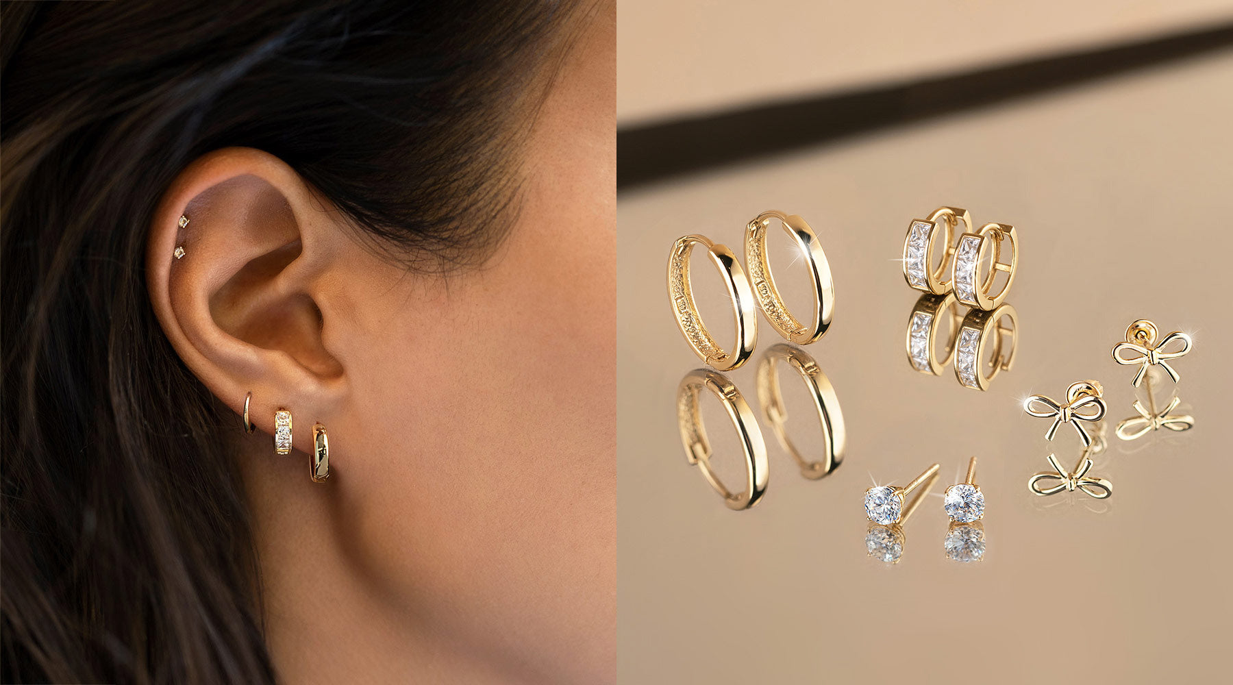 Ear wearing stacked 14k gold earrings including huggie hoops and crystal studs, alongside bestselling 14k gold earrings, linking to the AMYO 14k gold earrings collection.