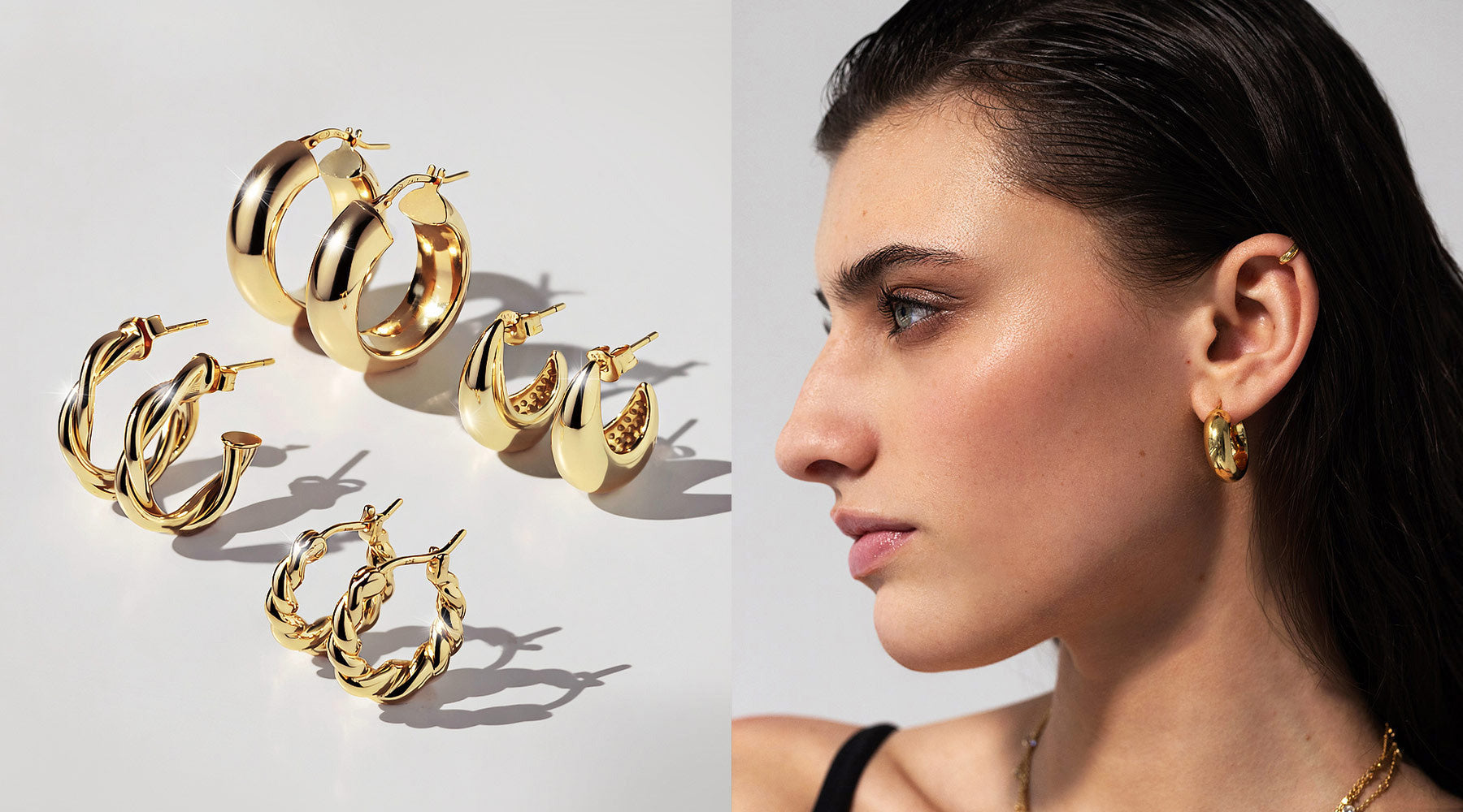 Model wearing chunky gold hoop earrings with assorted gold hoop earring styles including chunky and twisted hoops, linking to AMYO hoop earrings collection.
