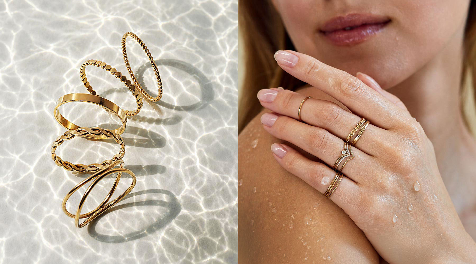 Waterproof gold stacking rings worn by model and displayed in water. Shop AMYO waterproof jewelry collection.