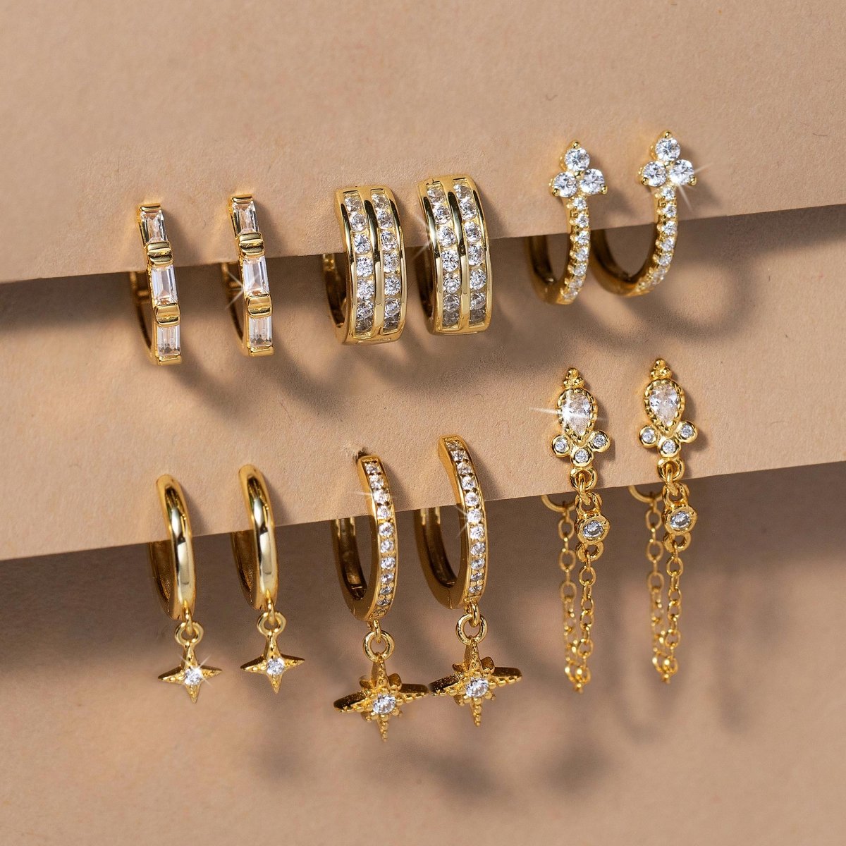 Tri Baguette Huggie Hoops