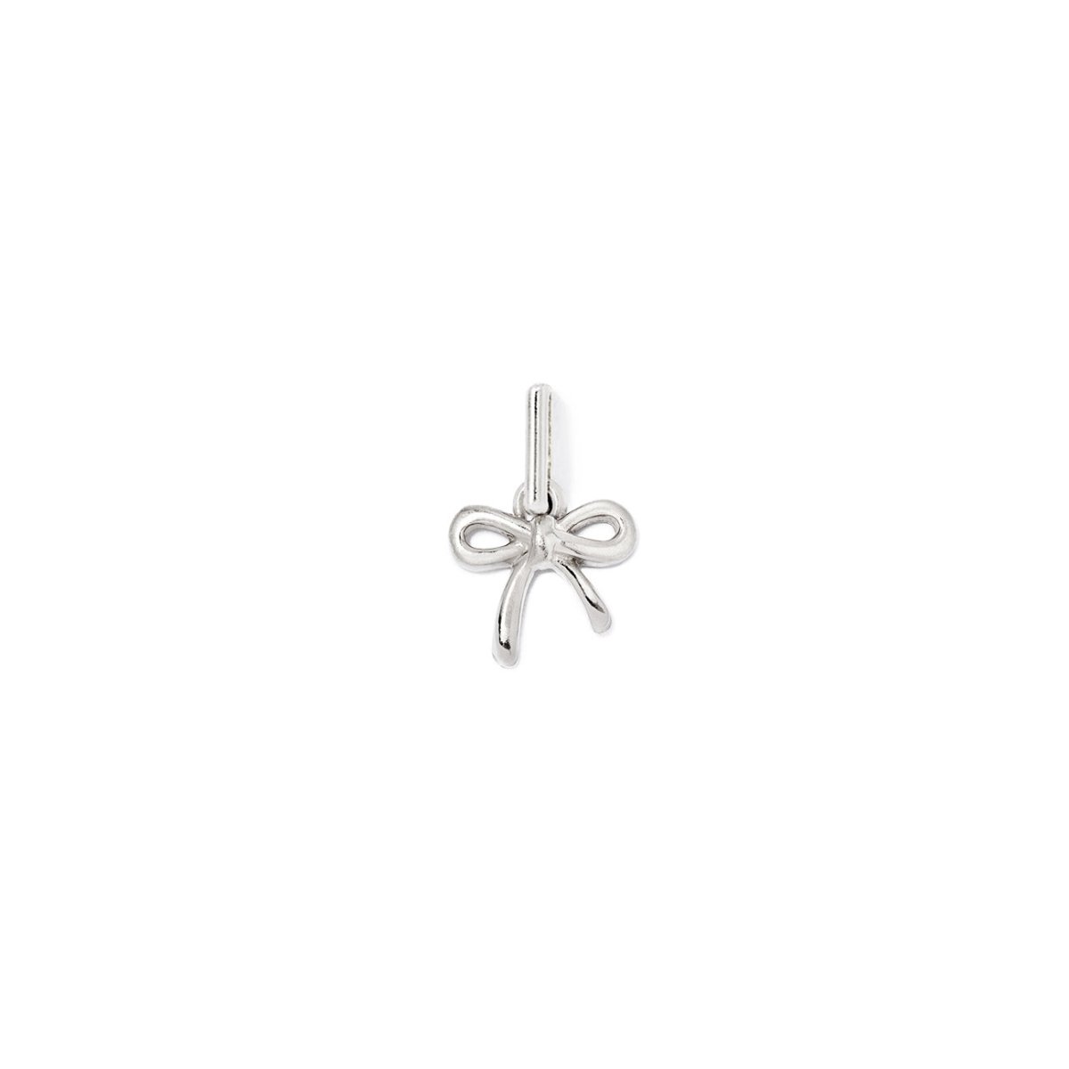 Sterling silver bow charm with a ribbon loop design, on a white background