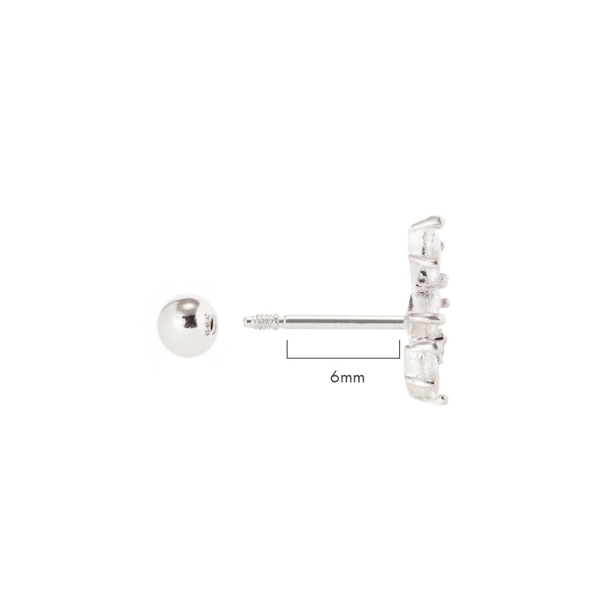 Sterling silver cluster stud with white zirconia and a ball back, size comparison 6mm, on a white background