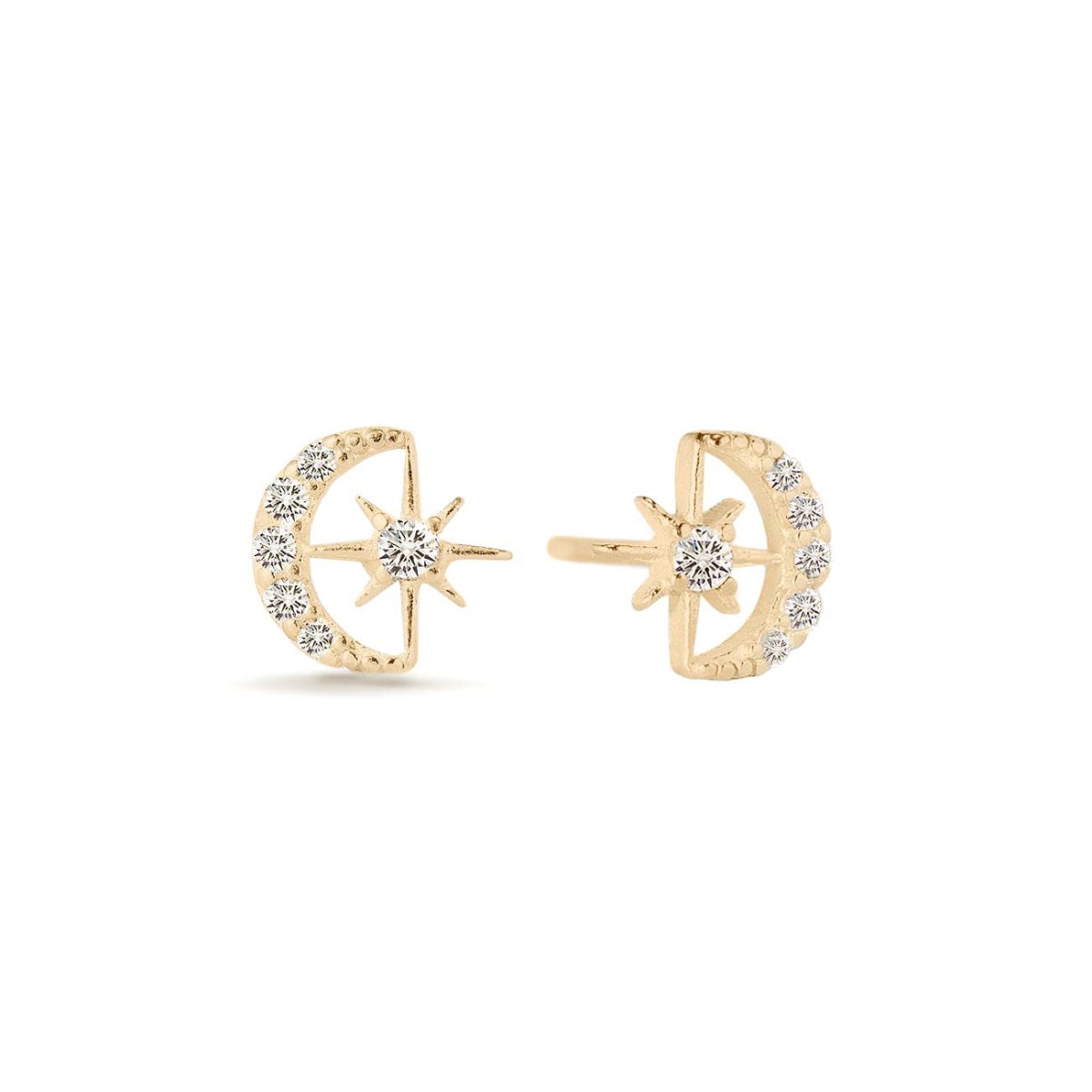Gold vermeil crescent moon and star studs with clear zirconia stones, on a white background