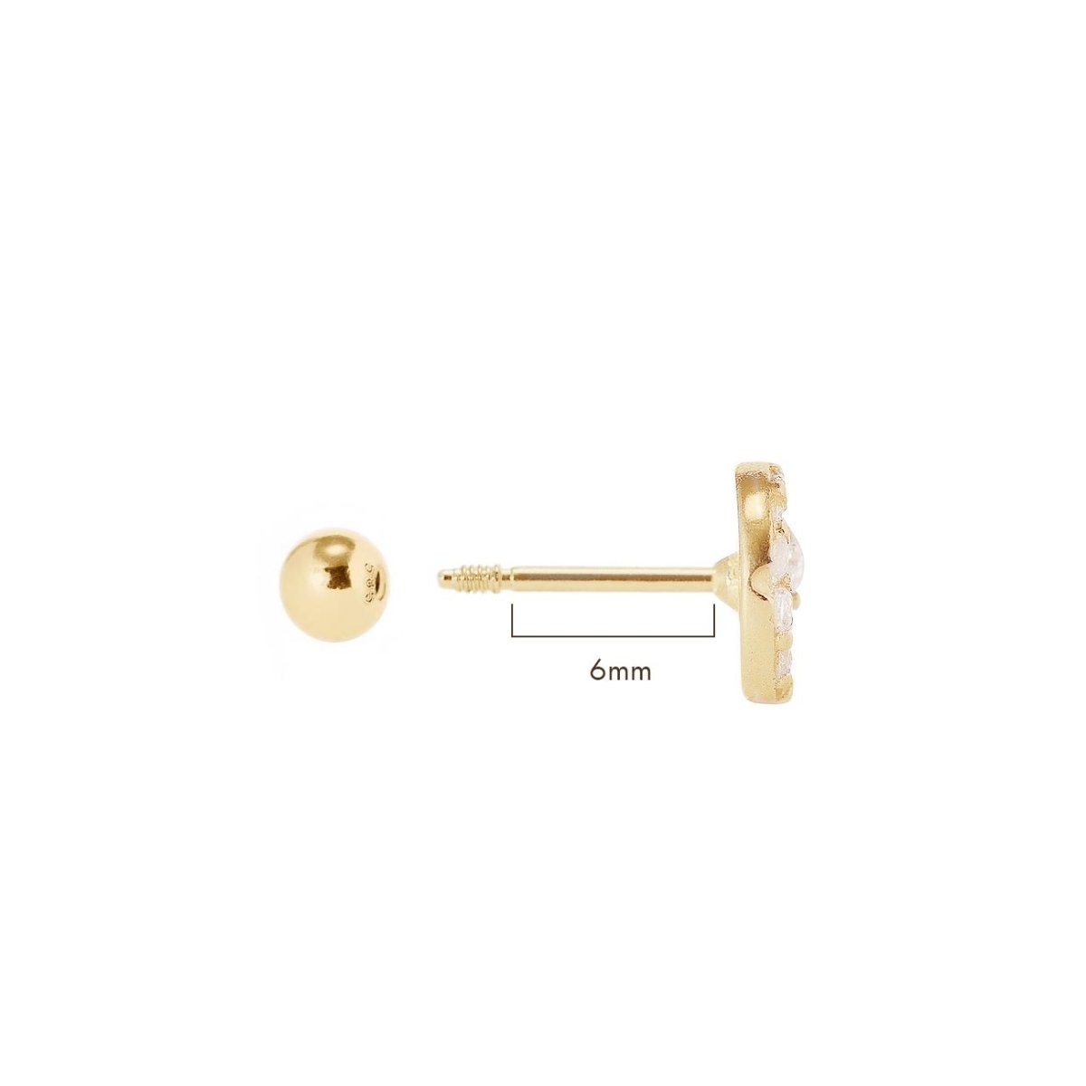 Gold vermeil crescent moon and star stud, side view with screw-back post, size comparison 6mm
