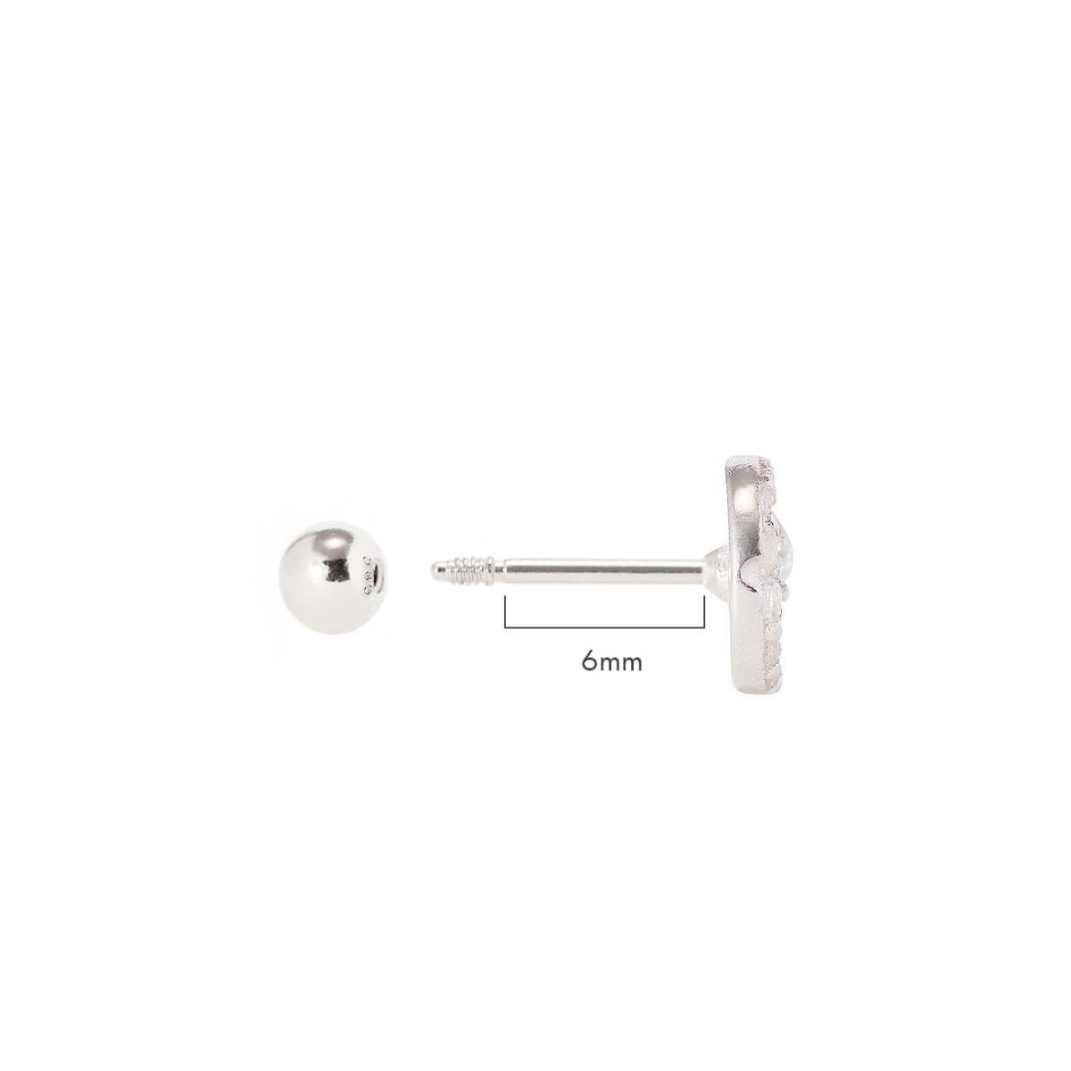 Sterling silver crescent moon and star stud, side view with screw-back post, size comparison 6mm