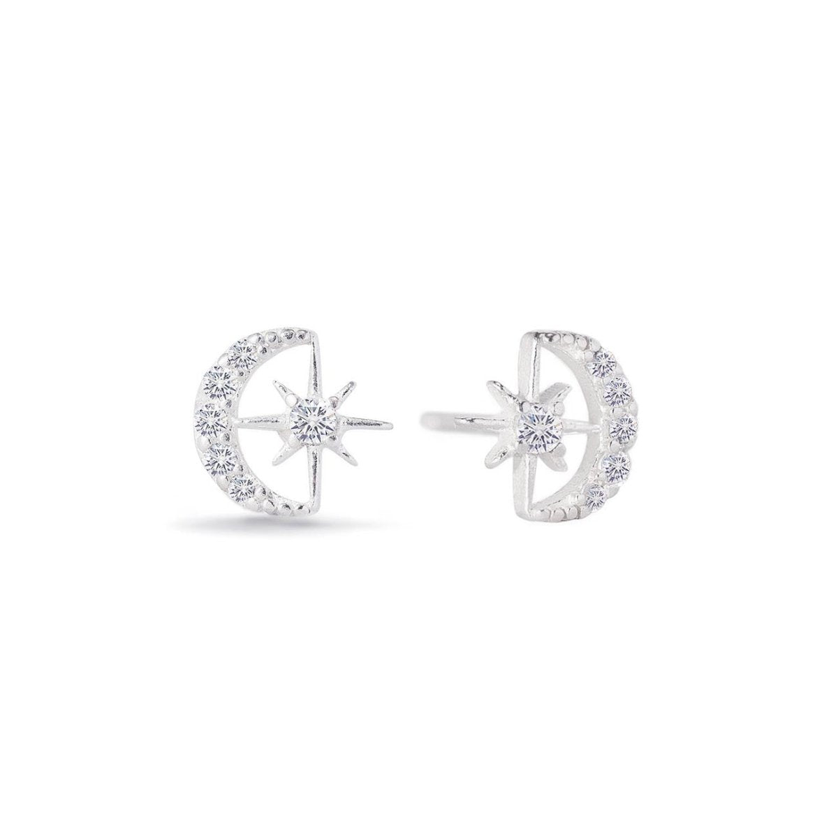 Sterling silver crescent moon and star studs with clear zirconia stones, on a white background